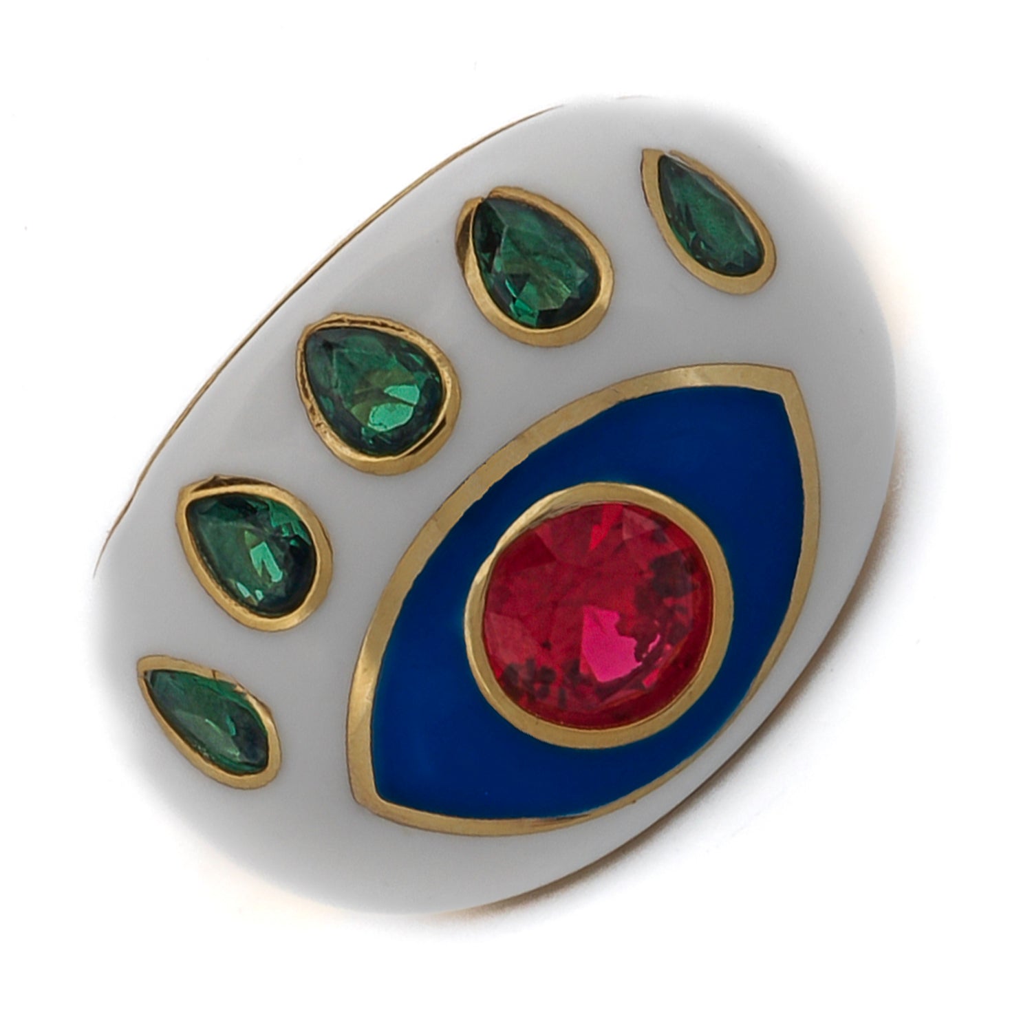 Modern Evil Eye ring featuring a ruby center, emerald accents, and a white enamel band with gold plating.
