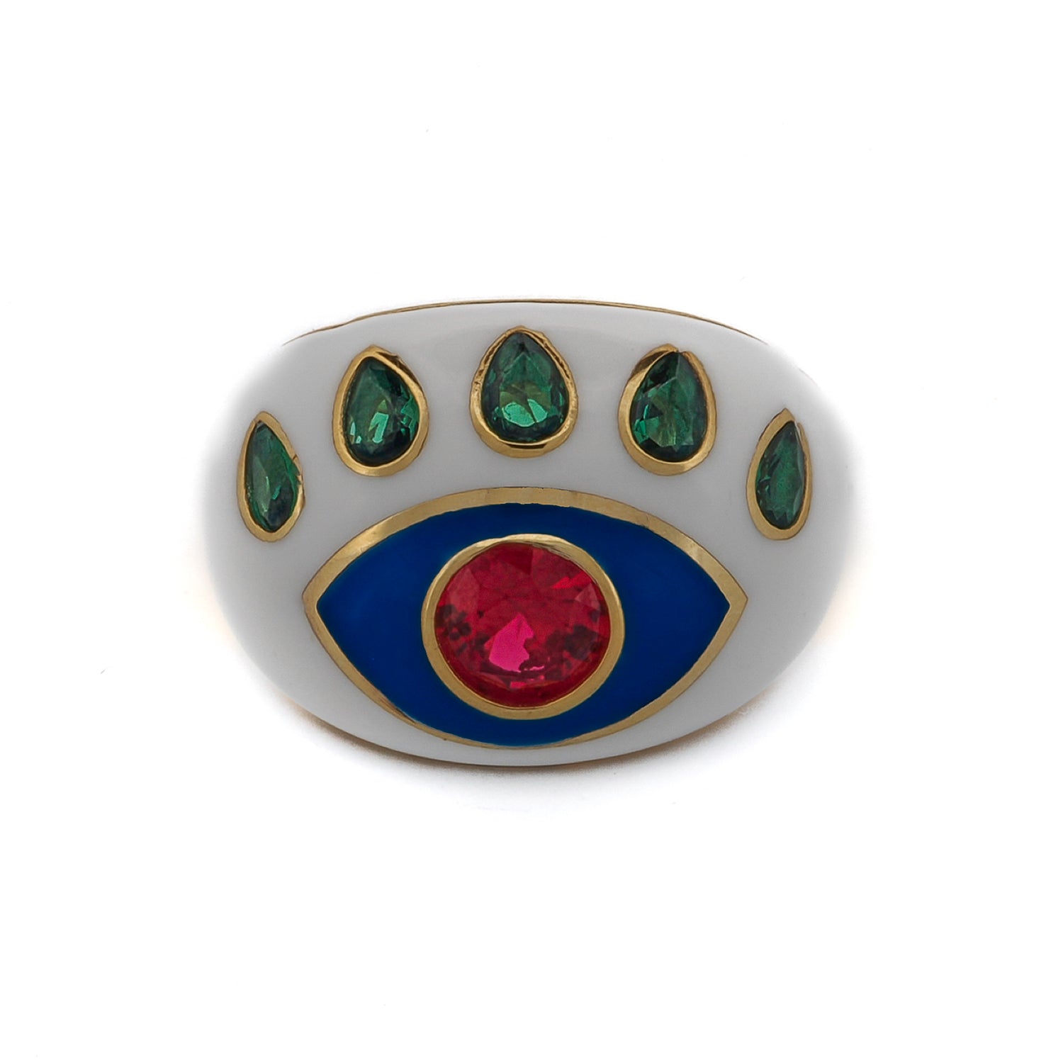 Guardian Ruby & Emerald Evil Eye White Enamel Adjustable Ring with a ruby pupil and emerald-accented eyelashes.