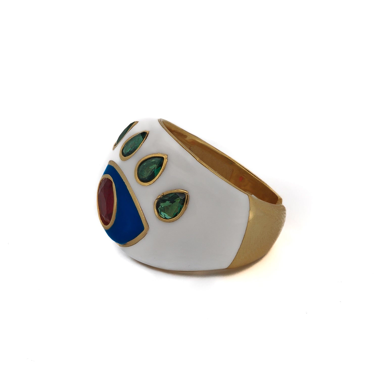 Guardian Evil Eye adjustable ring with a radiant ruby pupil, emerald accents, and a sleek white enamel finish.
