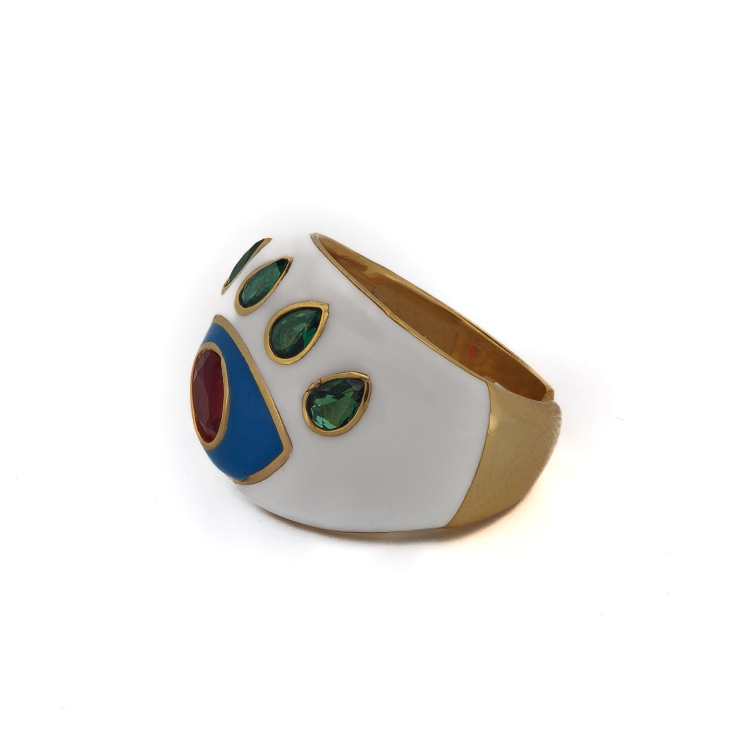 Guardian Evil Eye adjustable ring with a radiant ruby pupil, emerald accents, and a sleek white enamel finish.
