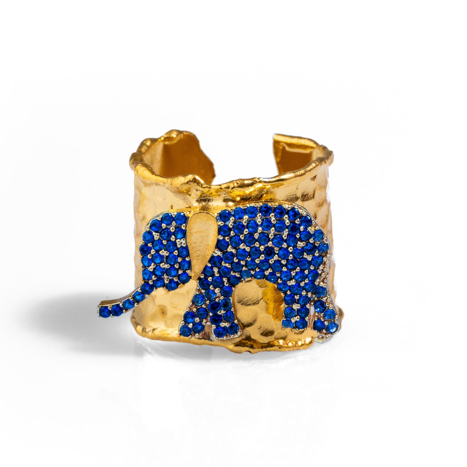 Chunky gold ring with a detailed sapphire-studded elephant, crafted from 24k gold-plated brass and adjustable for a perfect fit.
