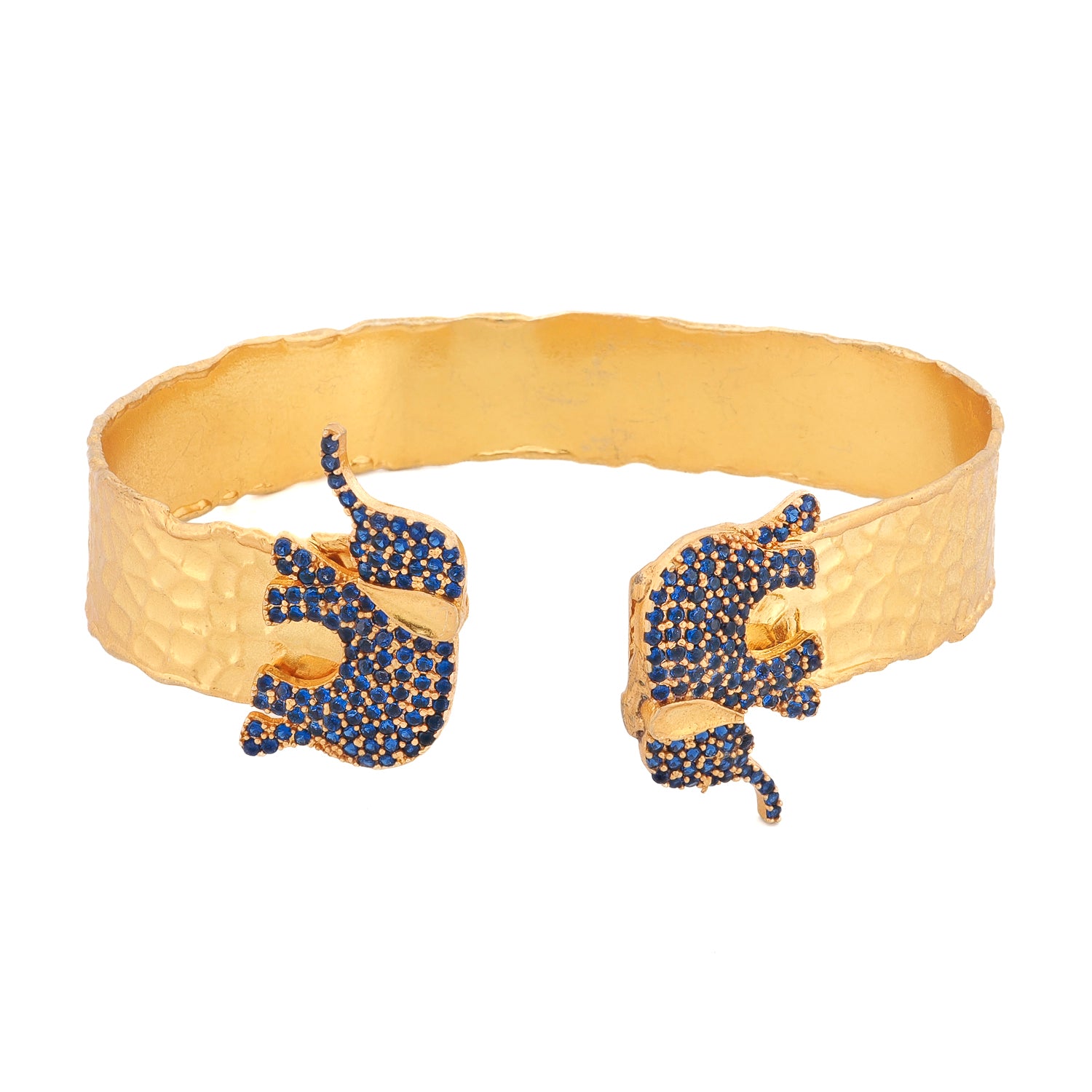 18K gold plated bronze adjustable cuff bracelet featuring two sapphire-blue crystal elephants symbolizing wisdom, strength, and spiritual protection.