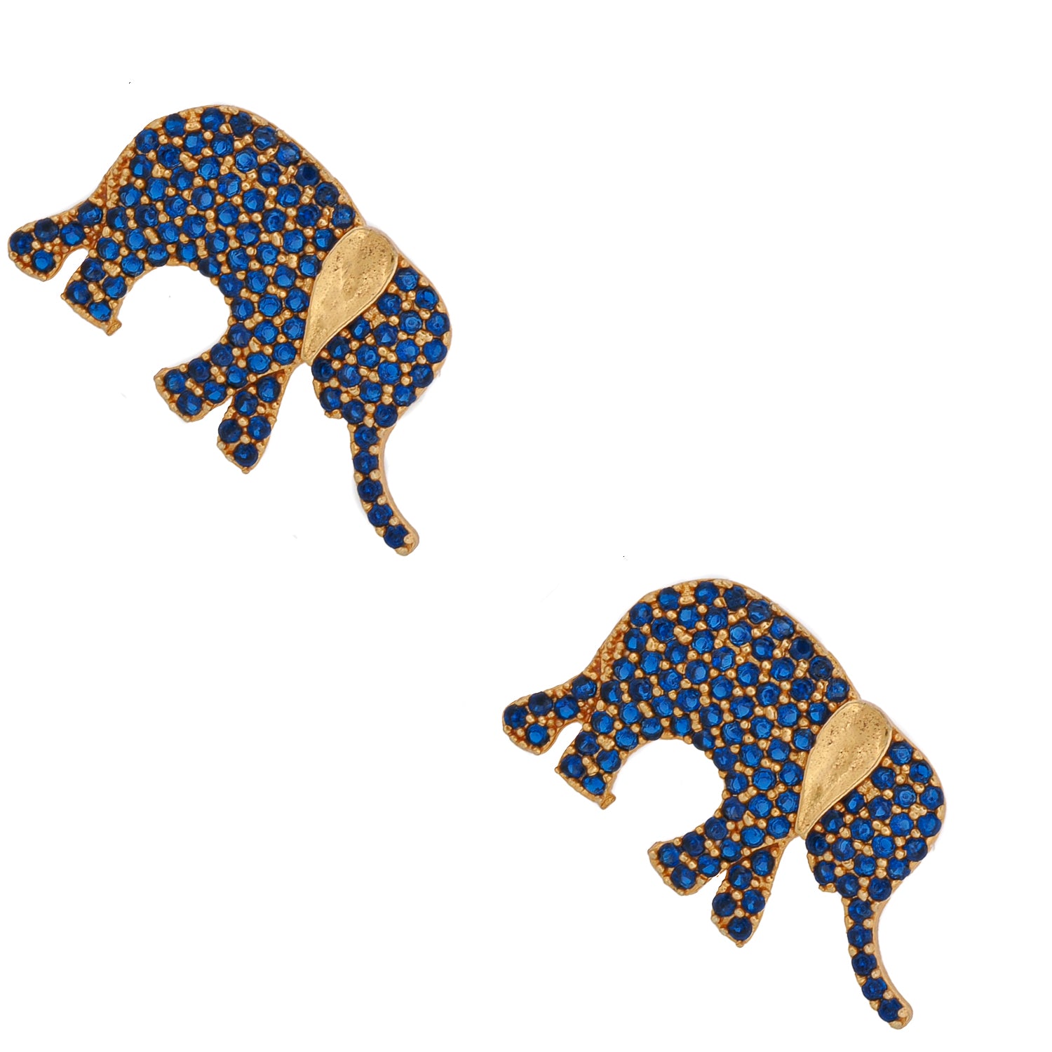 Pair of elephant-shaped earrings with blue and gold detailing on a white background