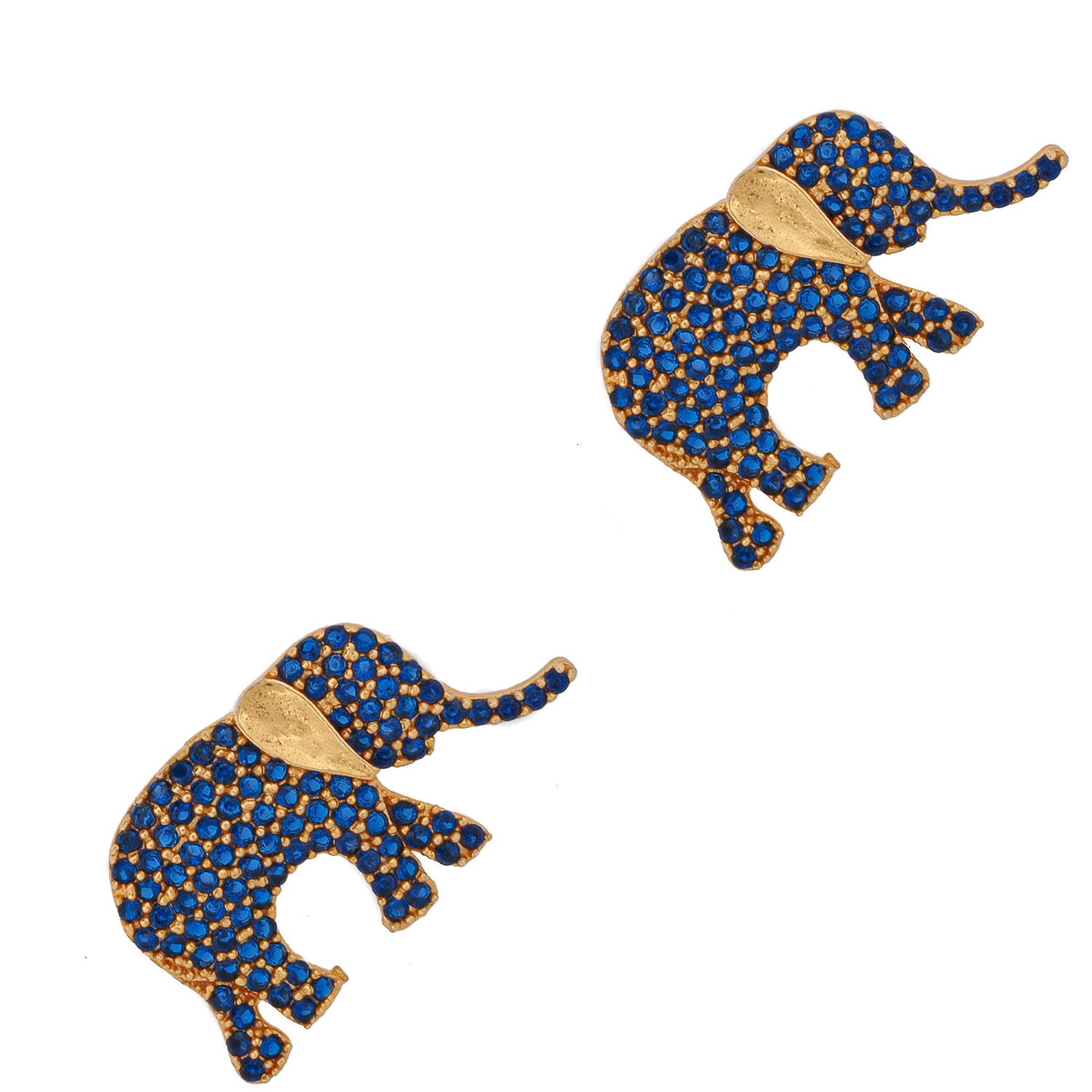 Pair of elephant-shaped earrings with blue gemstones and gold accents on a white background