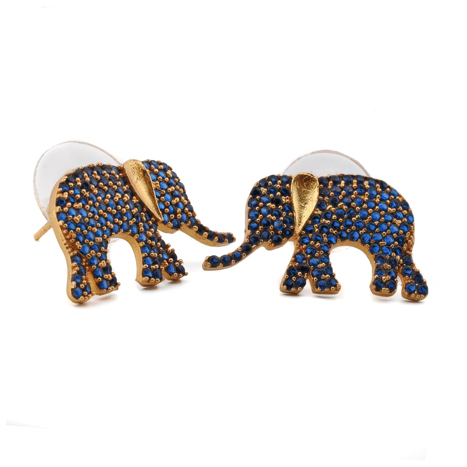 Pair of elephant-shaped earrings with blue gemstones on a white background