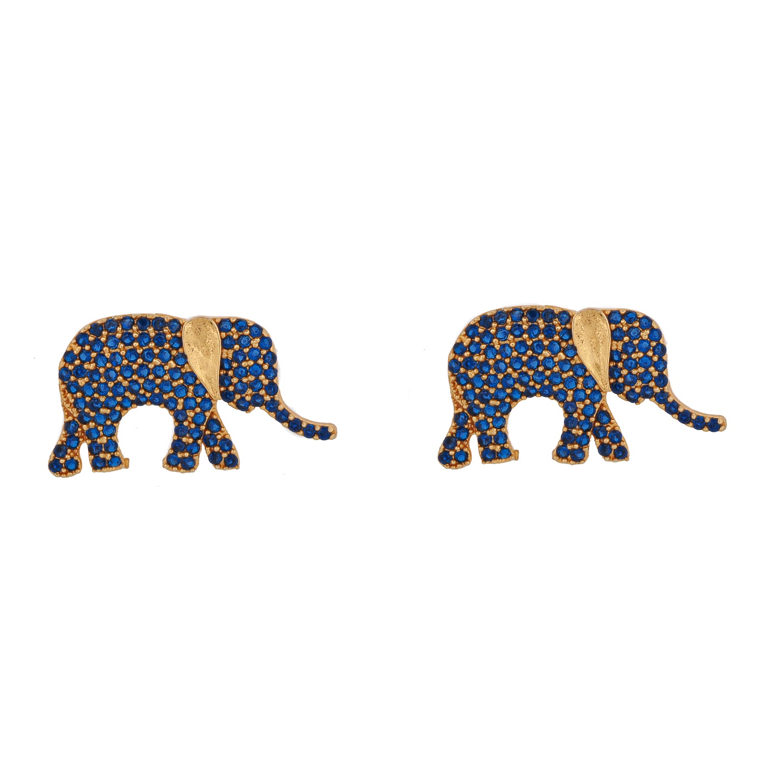 Pair of elephant-shaped earrings with blue gemstones on a white background