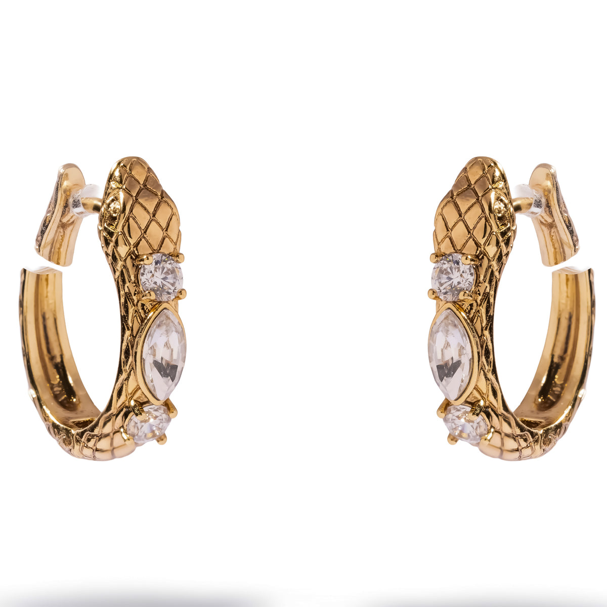 Pair of serpent huggie hoop earrings shown front on, the snake head at the top of each hoop