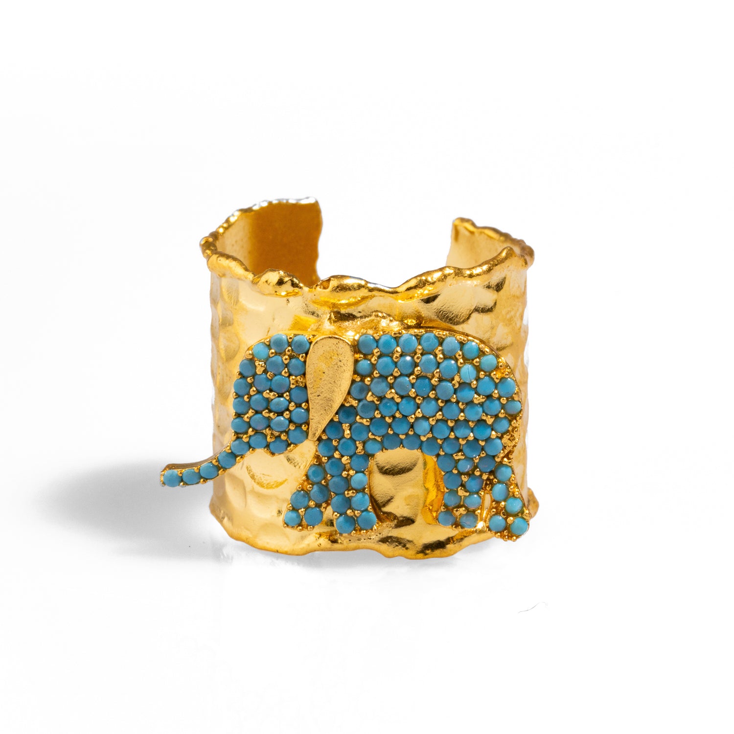 Bold chunky gold ring featuring a turquoise-studded elephant, crafted from 24k gold-plated brass with an adjustable band for comfort.
