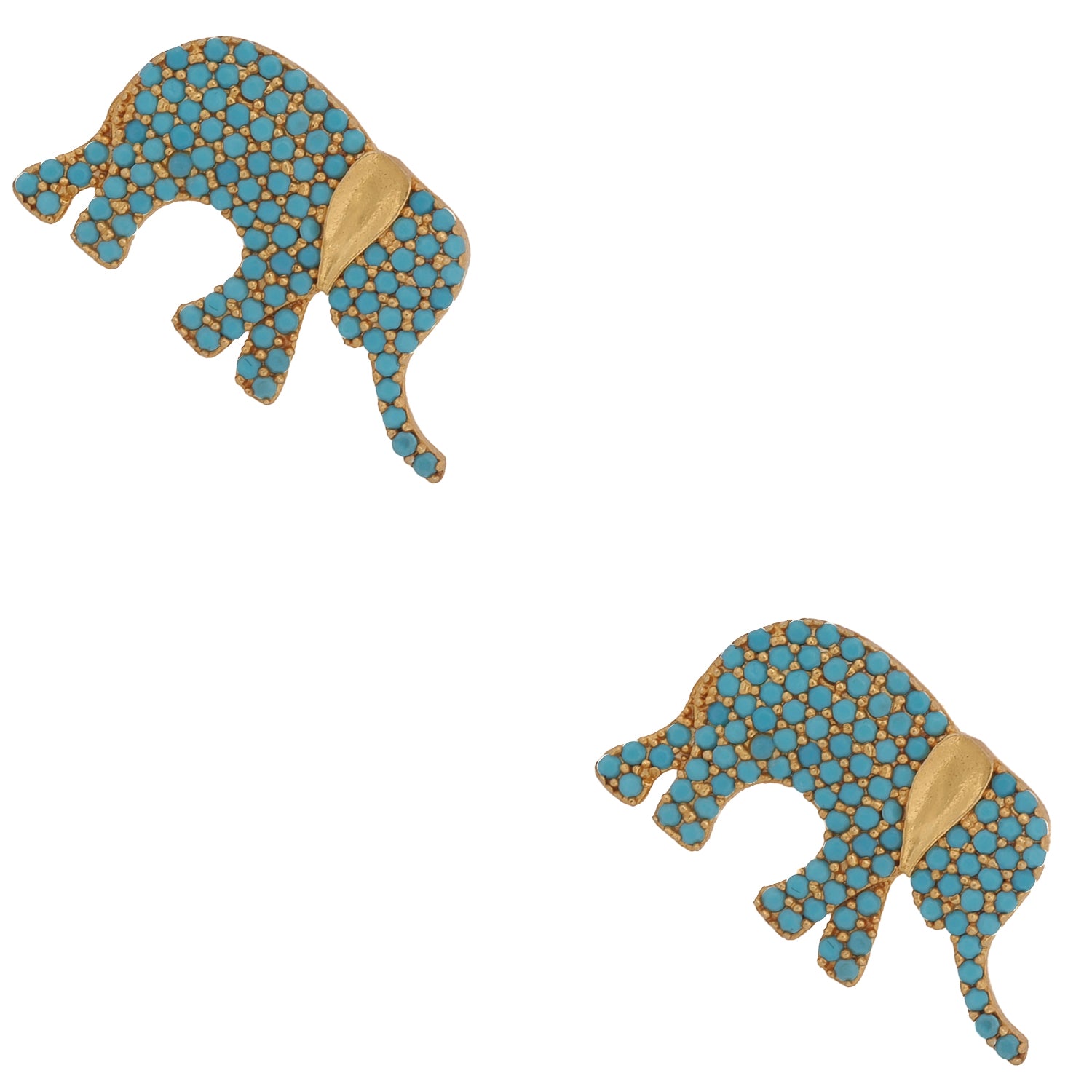 Pair of elephant-shaped earrings with blue and gold patterns on a white background
