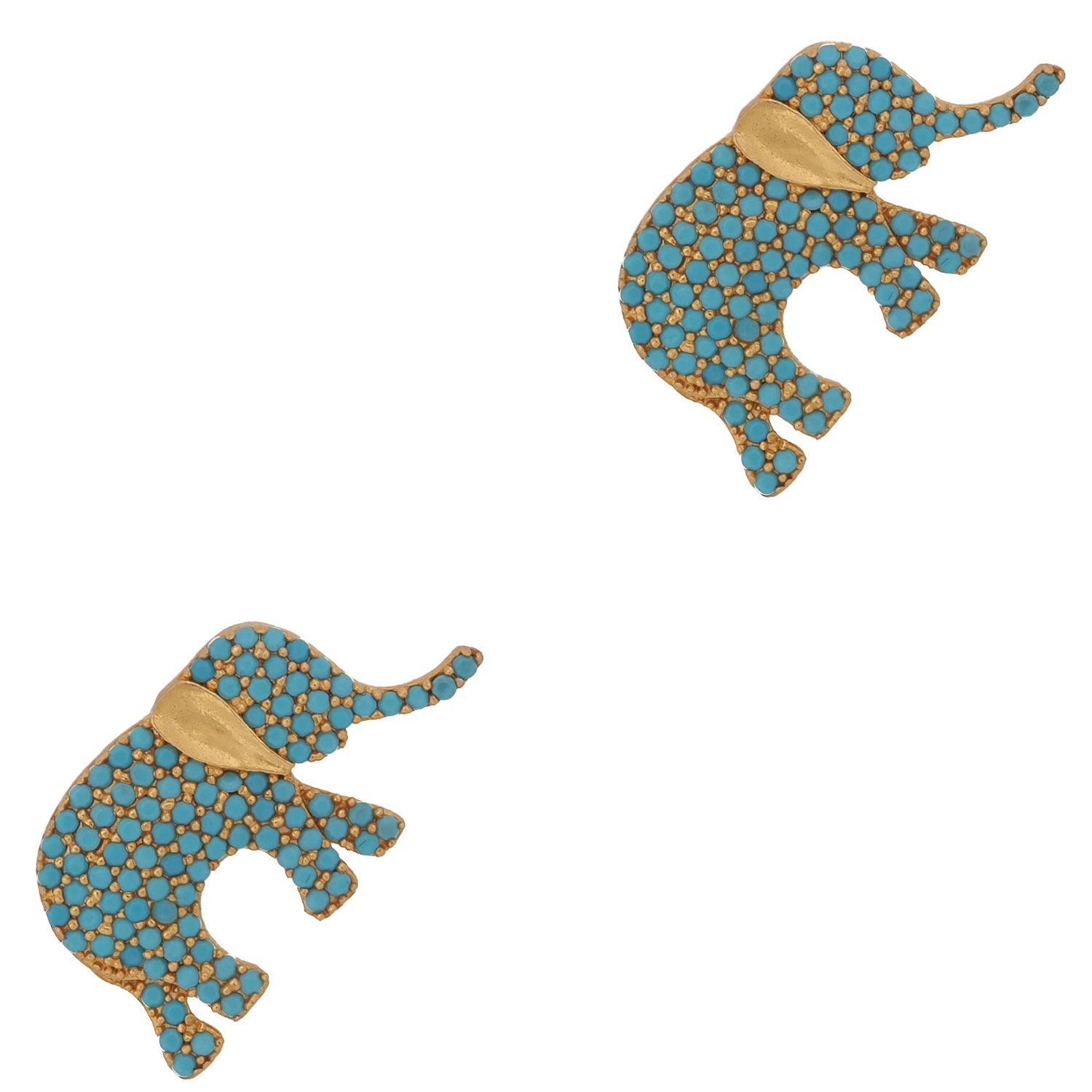 Two blue elephant-shaped objects with gold patterns on a white background