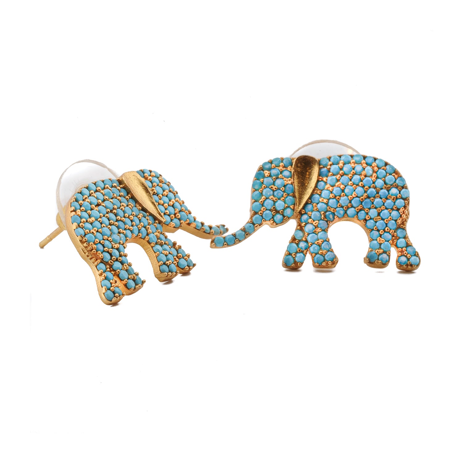 Turquoise pavé crystal elephant stud earrings in 18K gold plate, protection talisman
