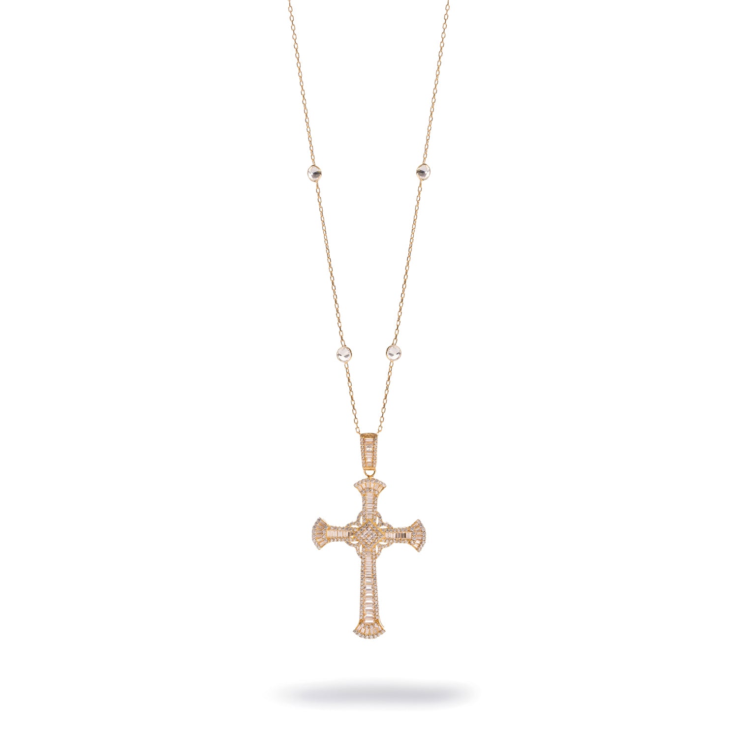 Guiding Light gold cross necklace shown full length on its 43 inch station chain