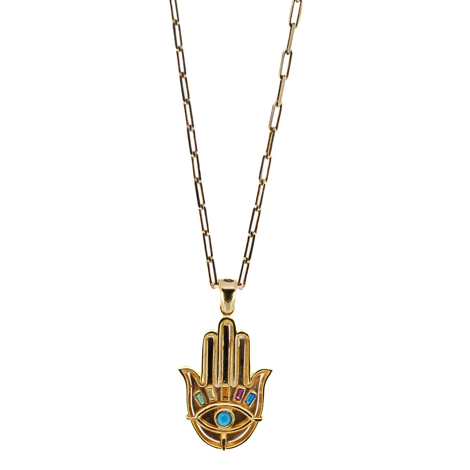 Hamsa Talisman Gold Necklace - A stunning necklace featuring a gold-plated Hamsa pendant adorned with a turquoise stone and sparkling zircon stones.