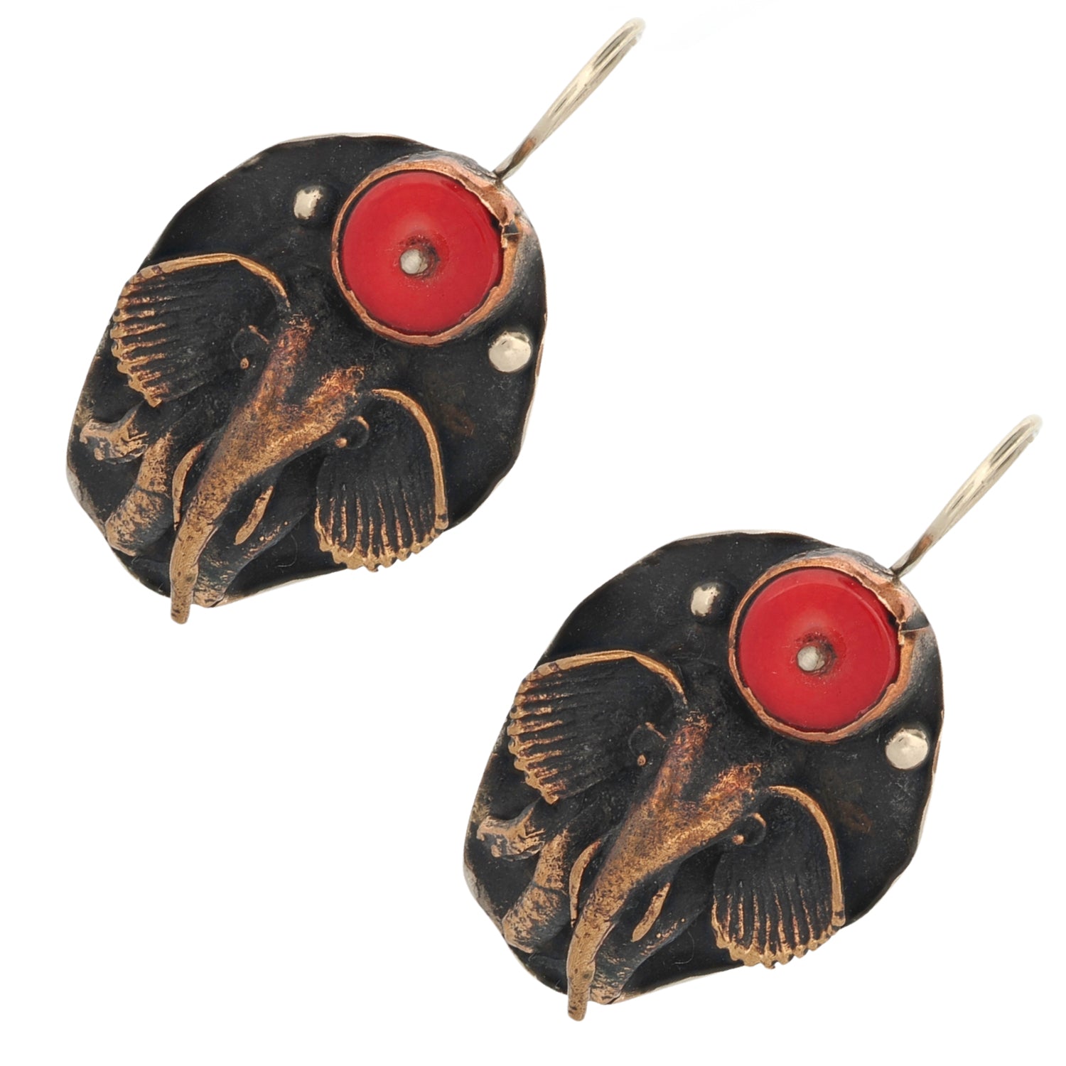 Handcrafted Elephant Earrings with Coral Stones and Bronze, Symbolizing Strength and Wisdom

