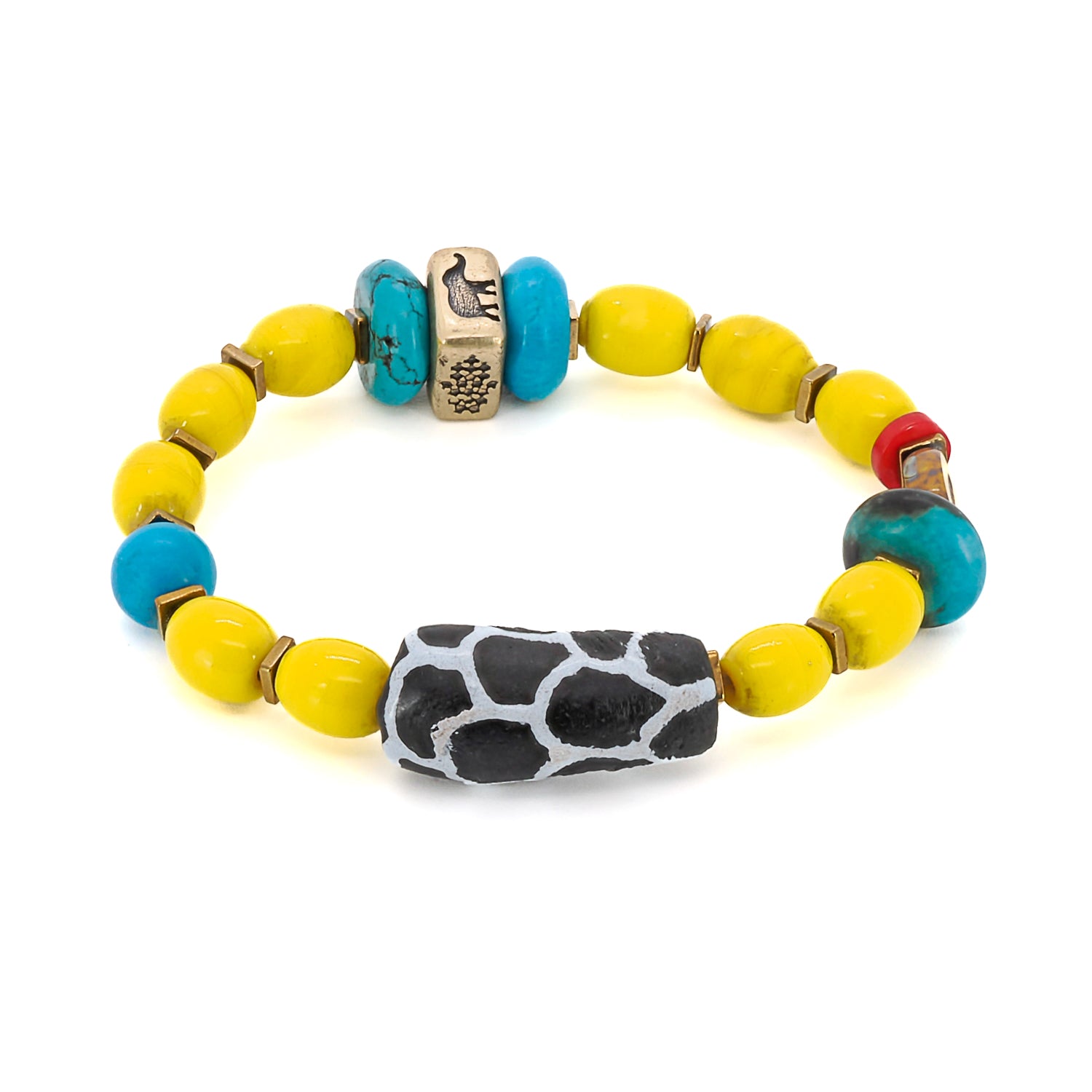 Close-up of the Happiness Symbol Yellow Bracelet, showcasing the vibrant yellow African color beads, the refreshing turquoise stone beads, and the intricate details of the bronze symbol beads, including the elephant, evil eye, and Hamsa.