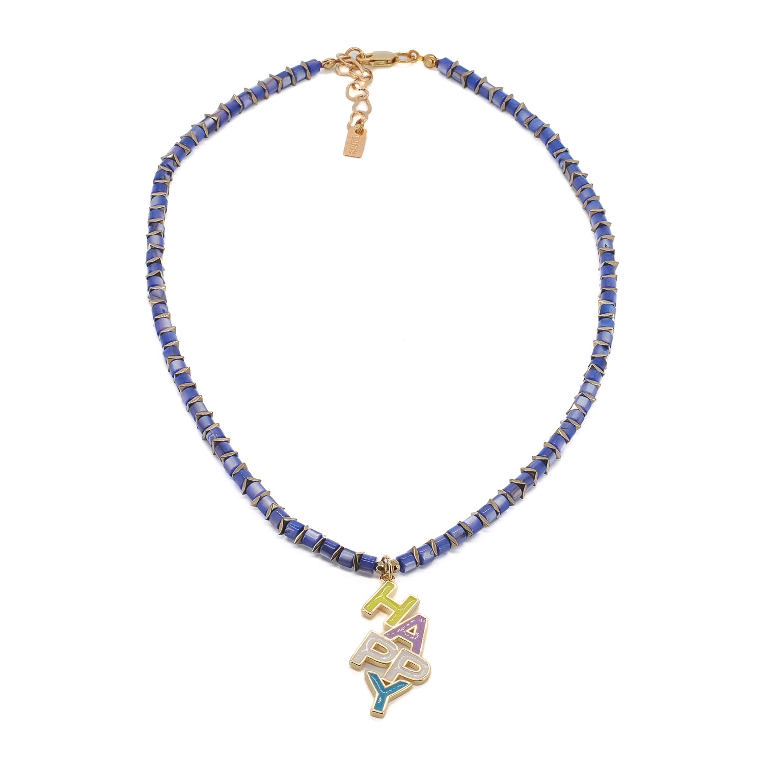 Pearl necklace with multicolor 18k gold plated HAPPY enamel pendant