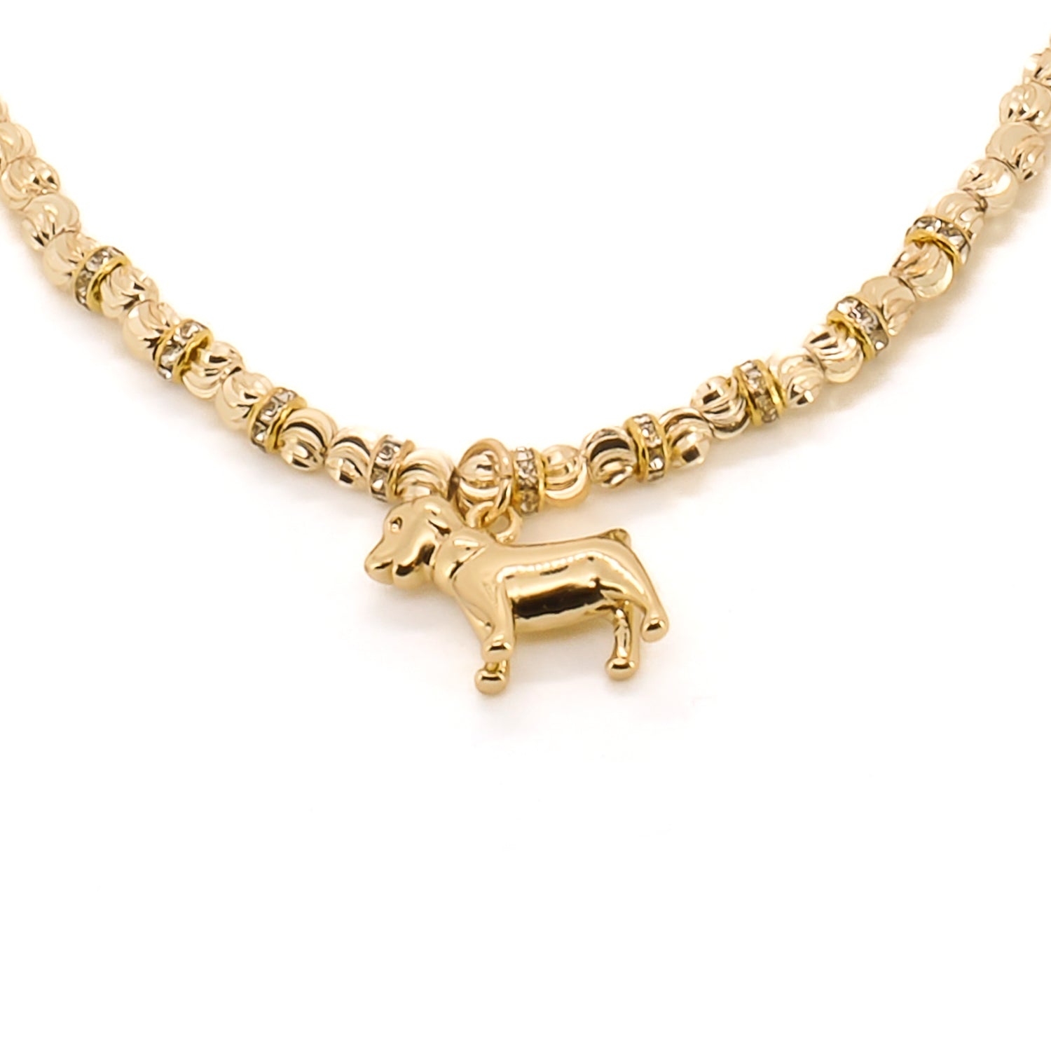 the Happy Dog Gold Necklace, highlighting the delicate chain and the positioning of the charming dog pendant, creating a stylish and eye-catching accessory.