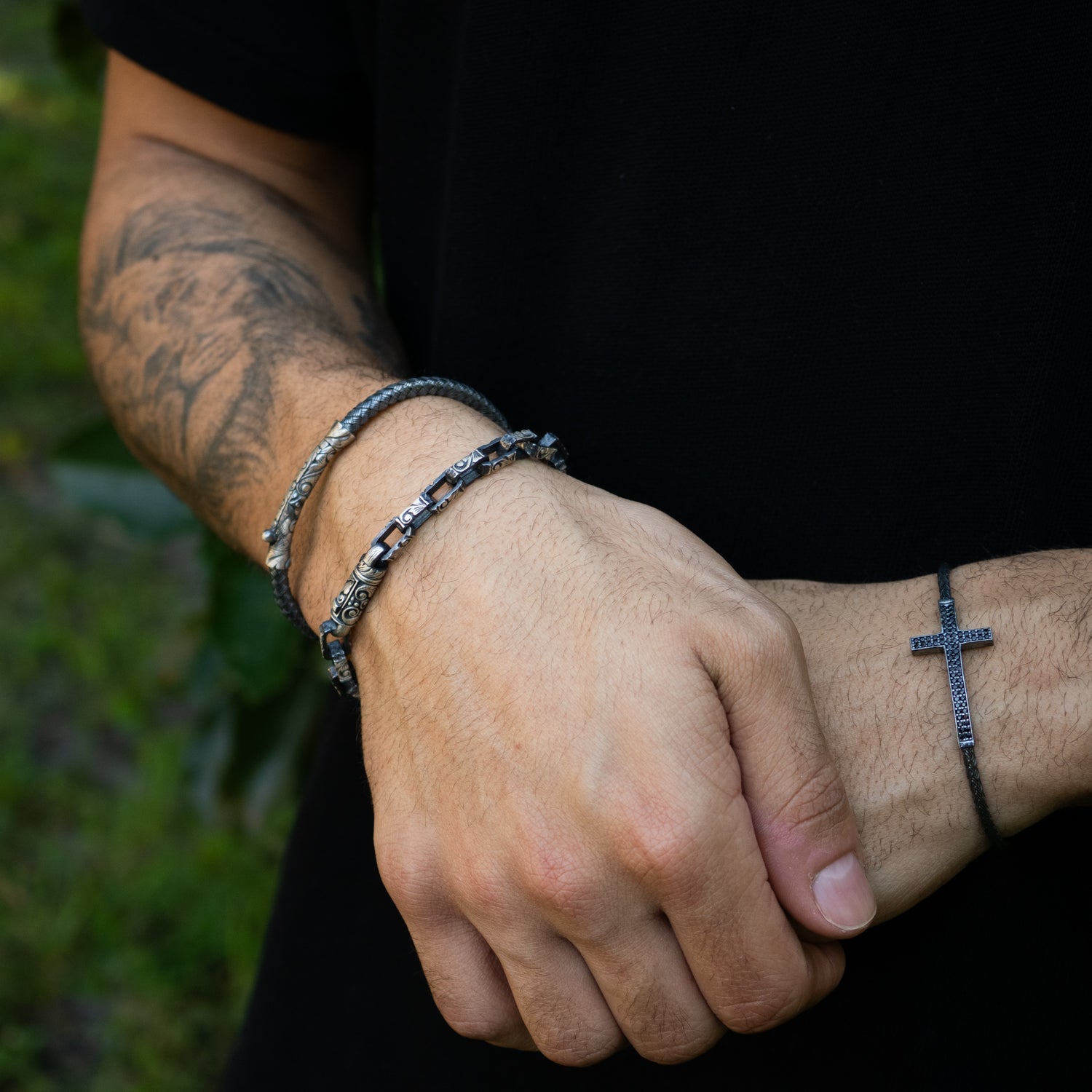 Heritage Engraved Silver &amp; Zircon Men’s Bracelet