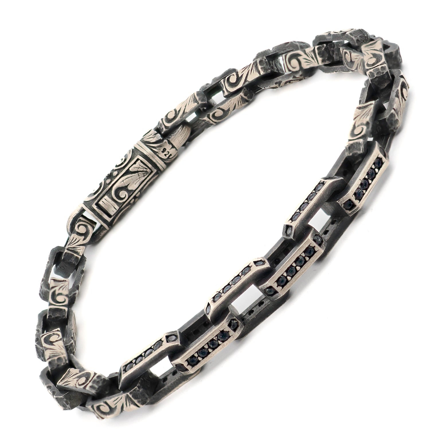 Heritage Engraved Silver &amp; Zircon Men’s Bracelet