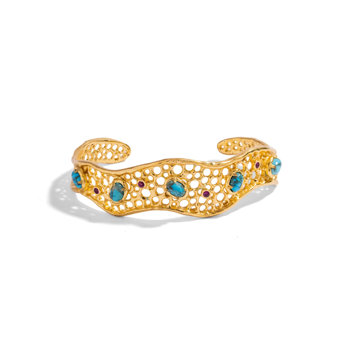 Honeycomb Lace Turquoise &amp; Ruby Gold Cuff Bracelet, pierced gold openwork with raw turquoise and ruby pink zircon accents