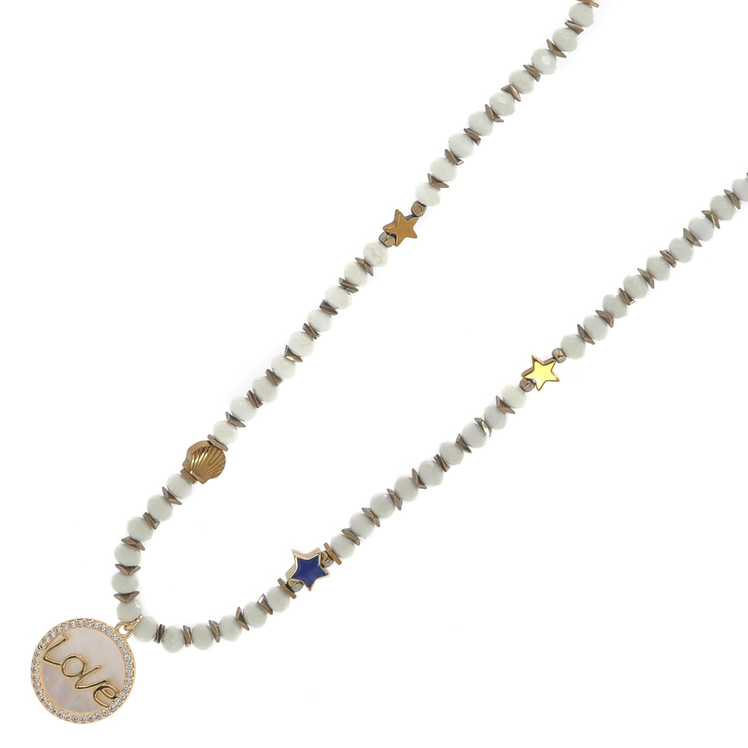 Close-up of crystal beads and 18K gold Love charm surrounded by CZ diamonds.


