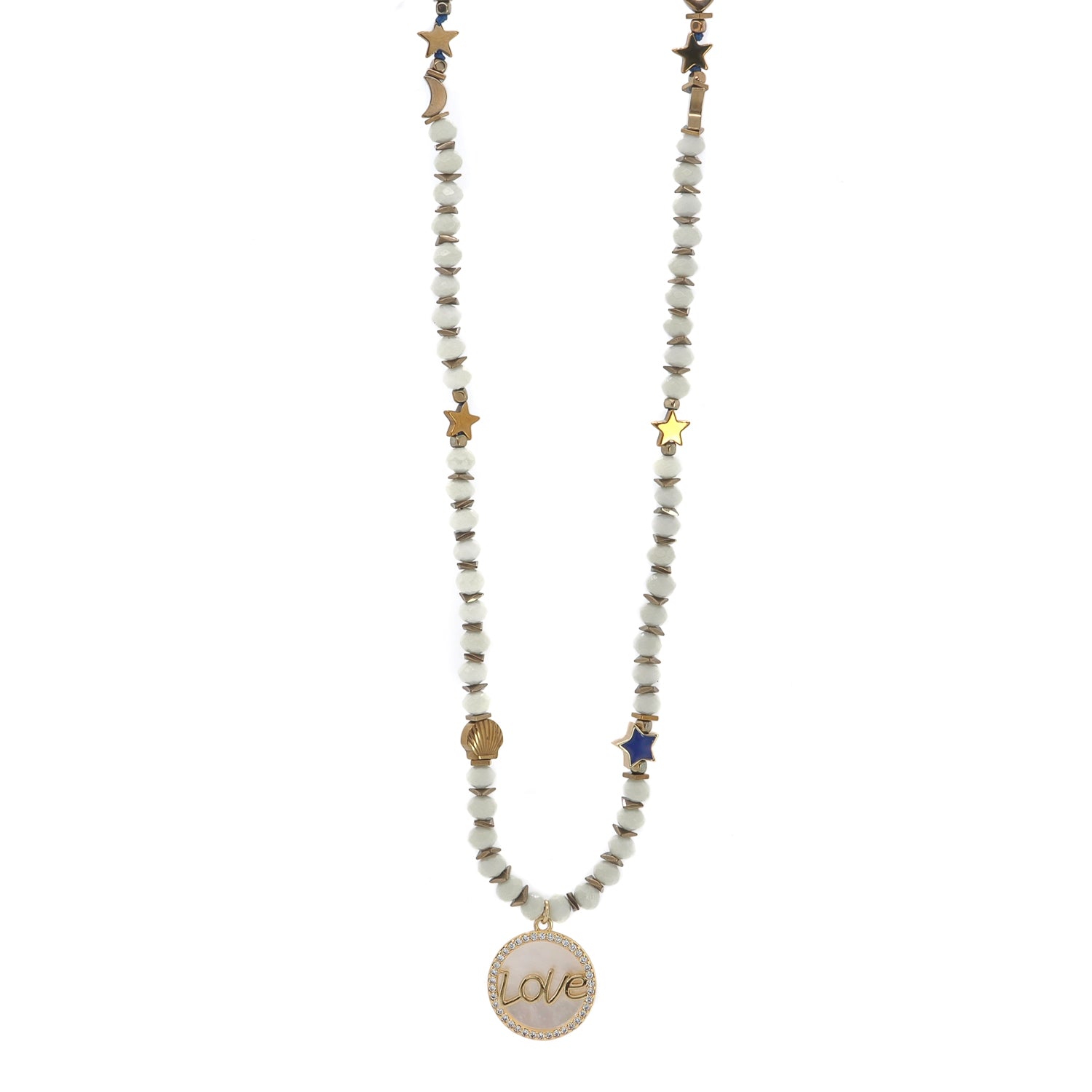 Spiritual necklace with moon, star, shell, and heart charms for cosmic protection.

