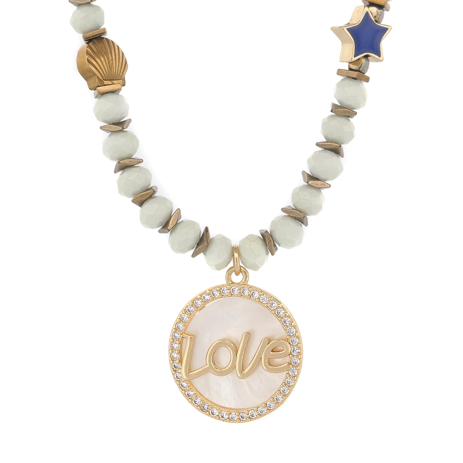 Infinite Light Love Necklace featuring white faceted crystals and mother-of-pearl pendant.

