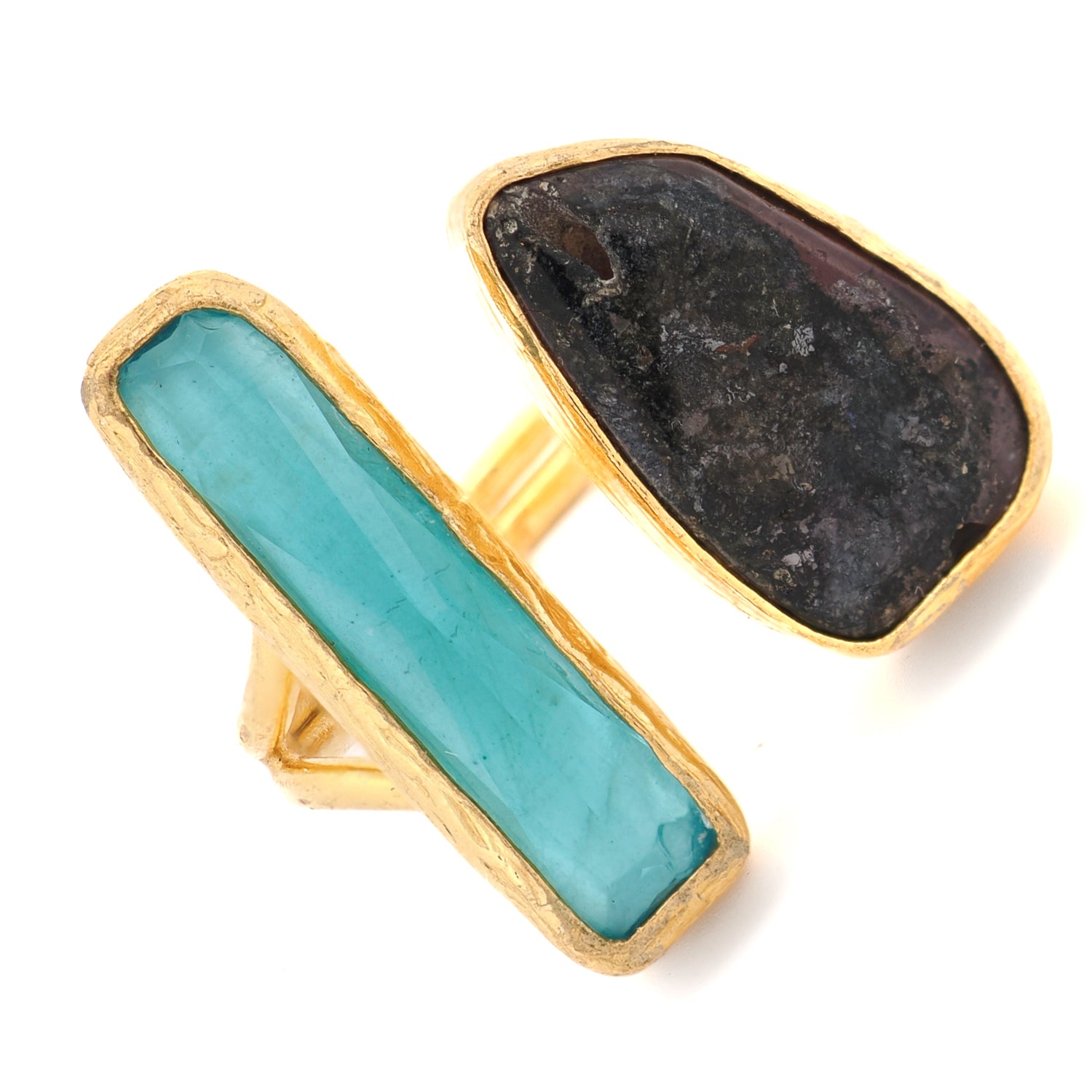 Close-up of 24K gold-plated bronze ring with asymmetrical dual-stone design

