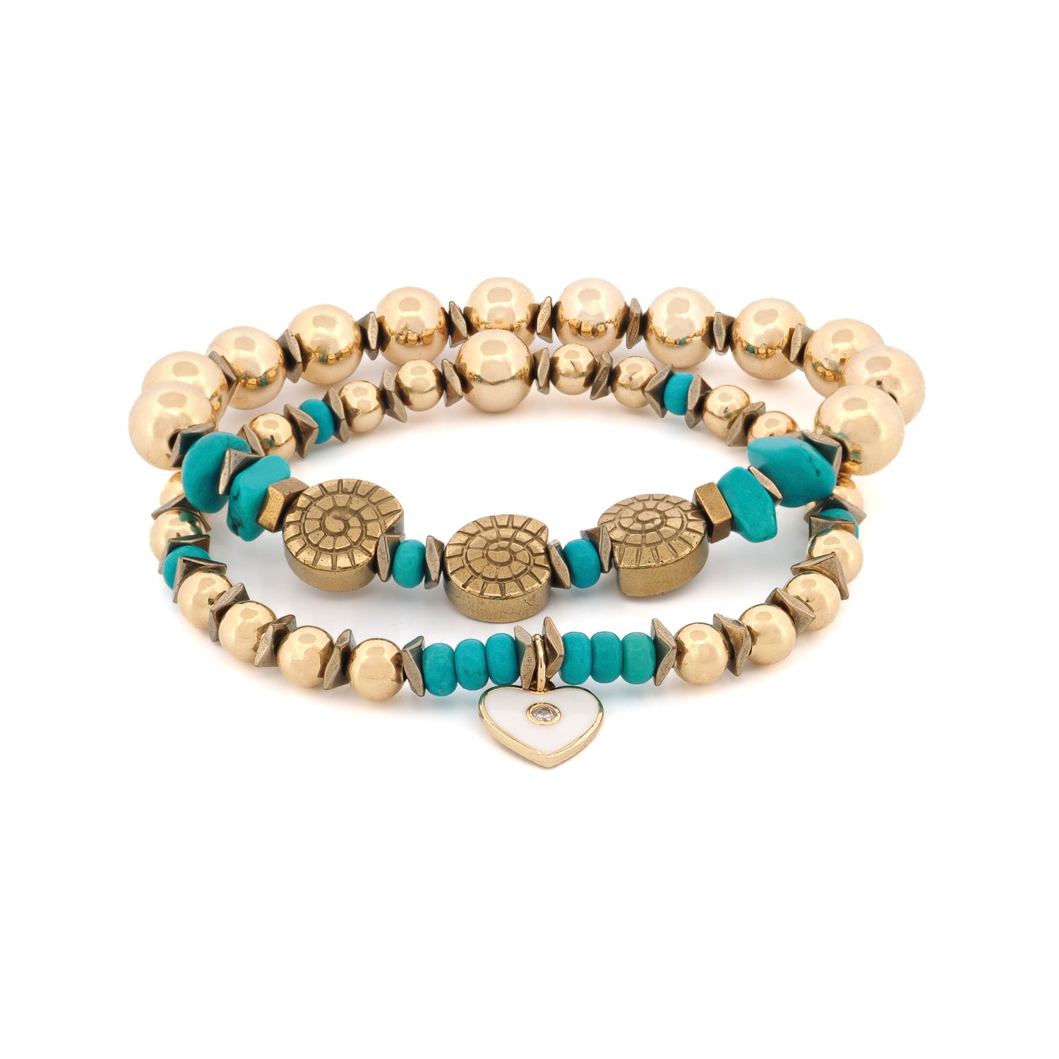 Inner Peace turquoise and heart charm gold bracelet set on white background

