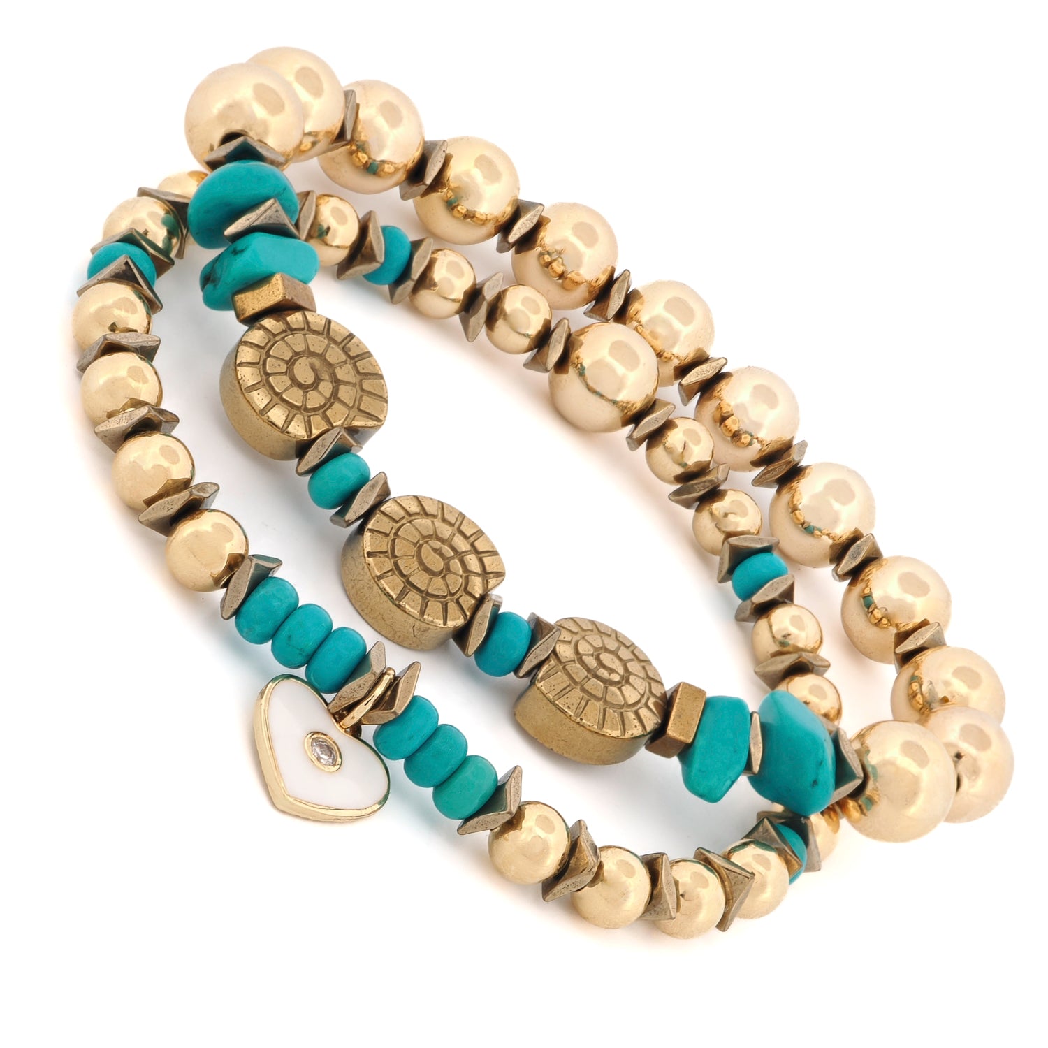 Stretch bracelet duo featuring natural turquoise stones and gold hematite shell beads

