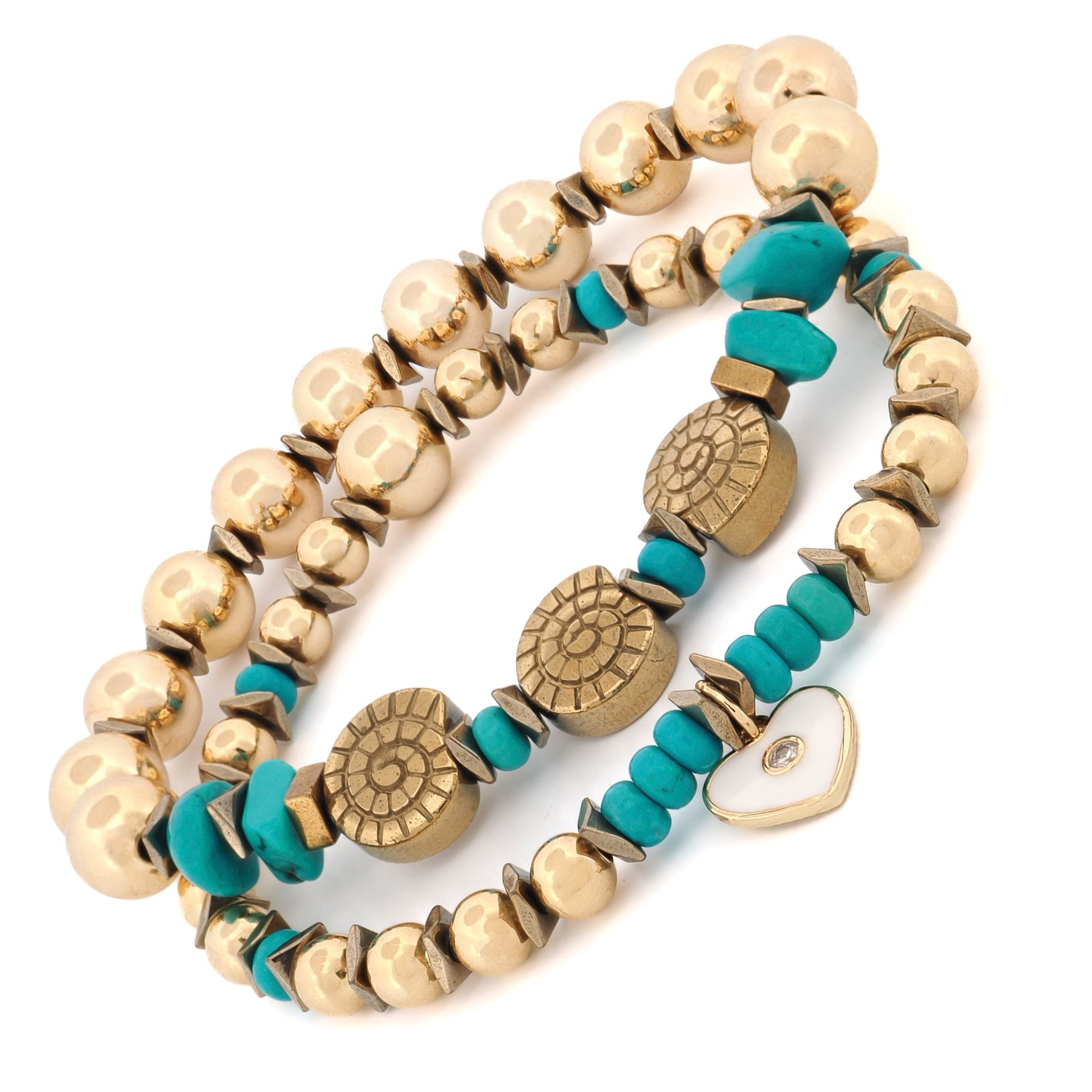 Boho chic bracelet set with turquoise stones and protective enamel charm

