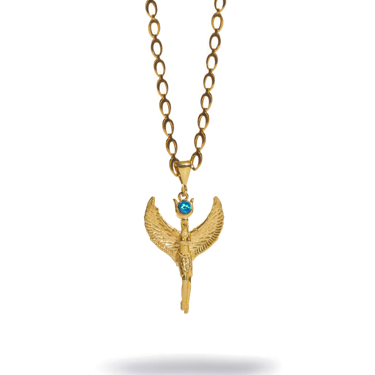 Isis Goddess Opal Gold Pendant Necklace, winged gold Isis with a blue opal sun disc crown on an oval link chain