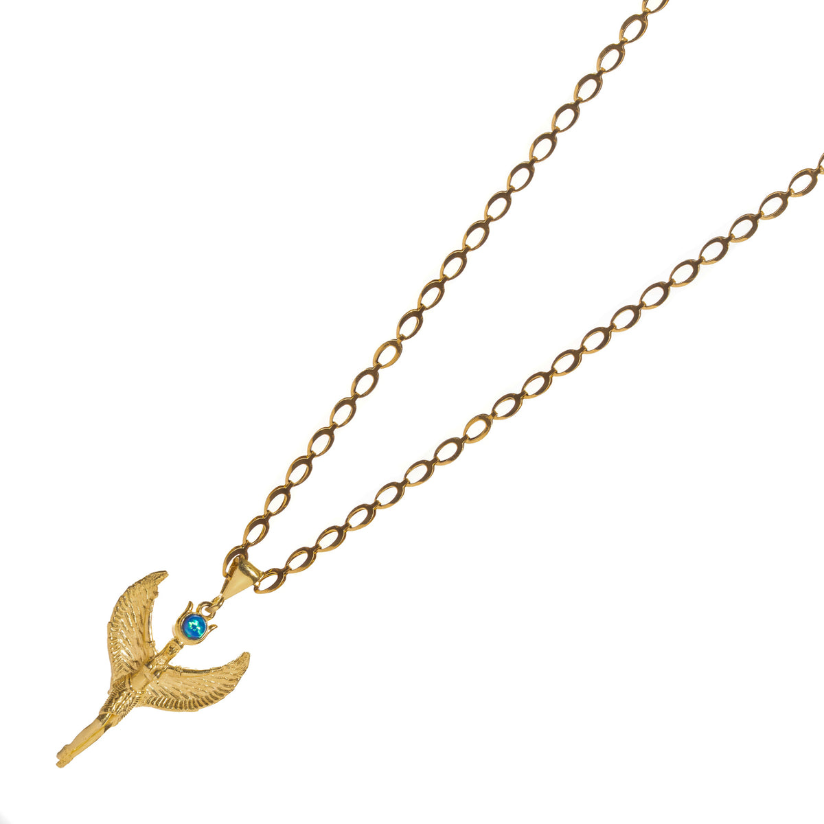Gold Isis goddess pendant with raised feathered wings and blue opal, angled view on an oval link chain