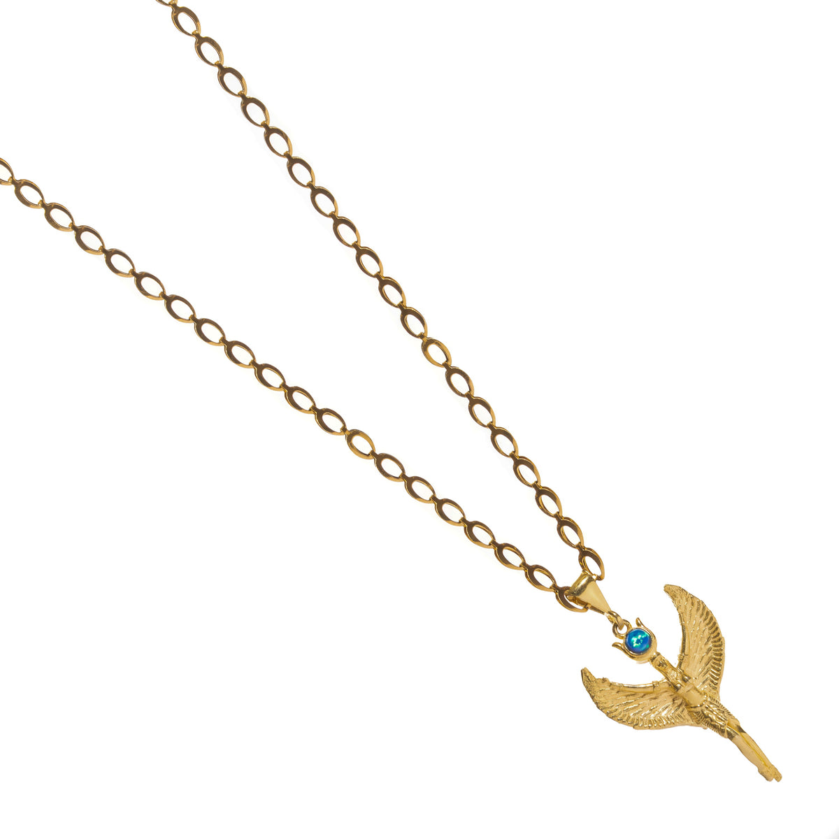 Side view of the gold winged Isis pendant and its blue opal crown on an oval link chain