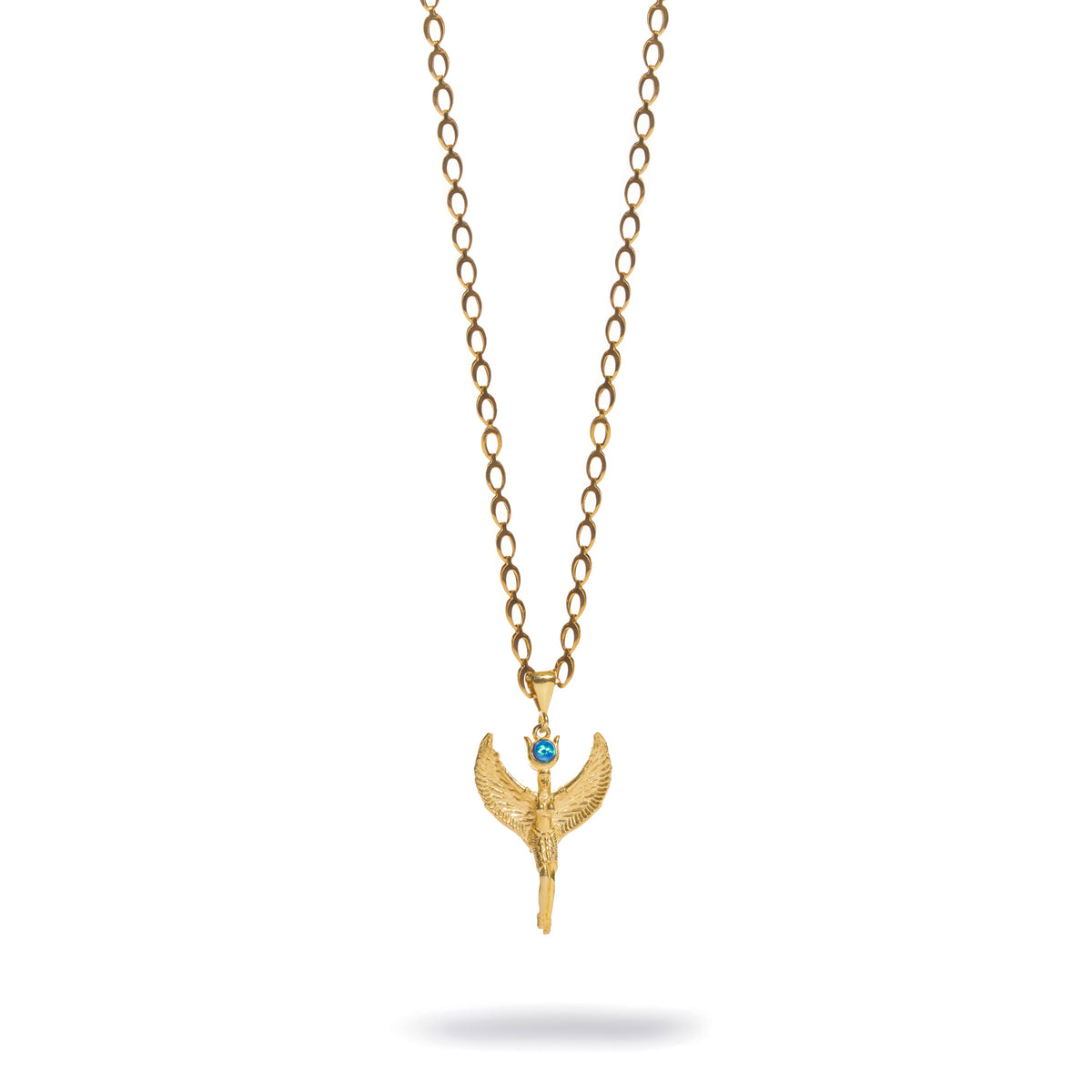 Isis Goddess Opal Gold Pendant Necklace shown at full chain length on white