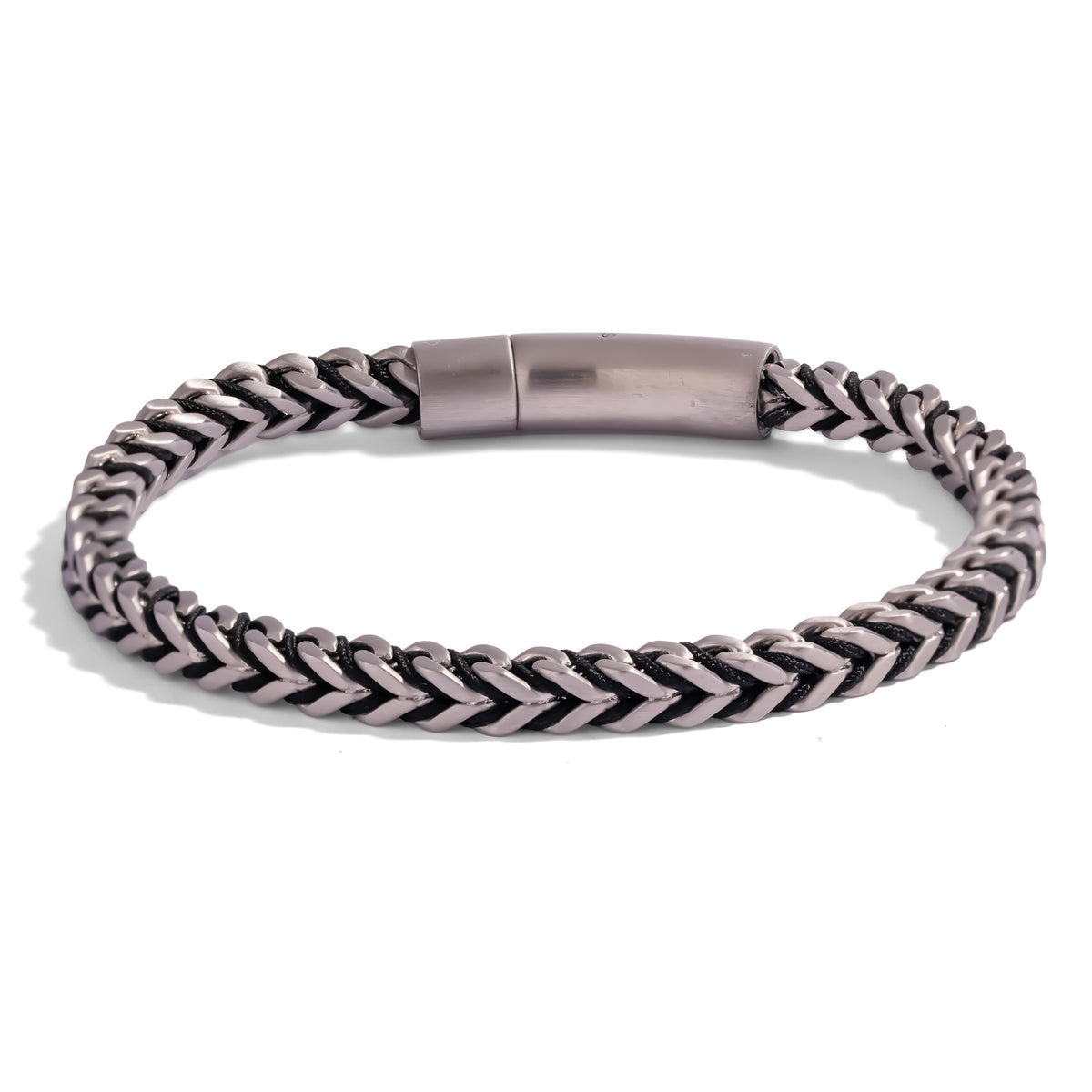 Jet Black Cord Foxtail Steel Men's Bracelet, a silver tone stainless steel foxtail chain threaded with black cord and a brushed steel clasp
