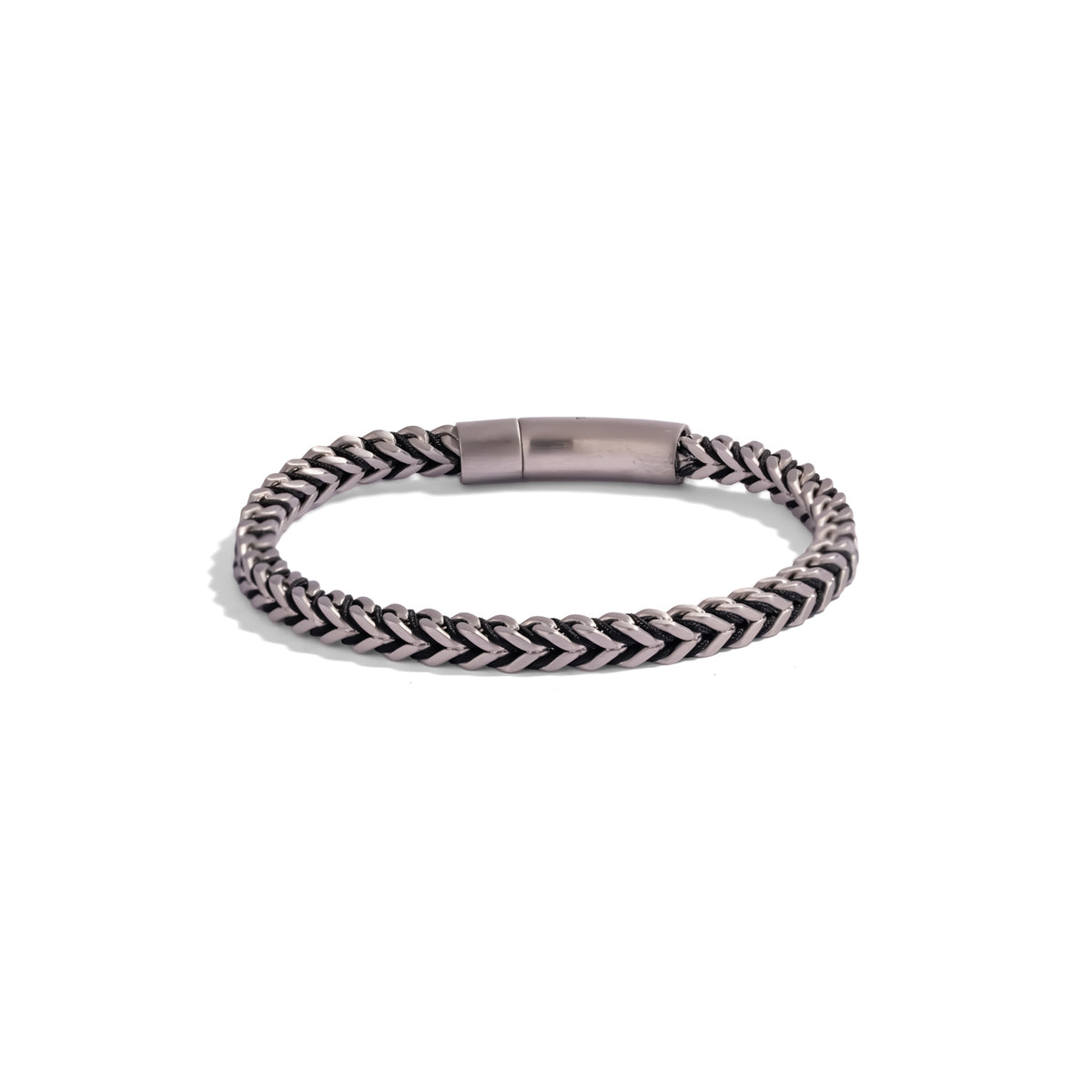 Front view of the jet black cord foxtail stainless steel men's bracelet