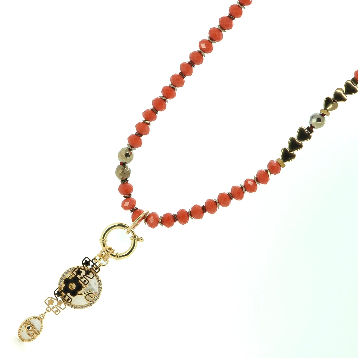 Meaningful Beaded Necklace with Orange Crystal, Gold Hematite Beads, and Filigree Mom Pendant for Spiritual Protection

