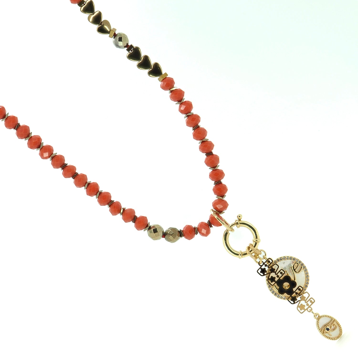Orange Crystal Bead Necklace with Filigree Design Mom Pendant and Pearl Eye of Ra Charm for Protection and Love

