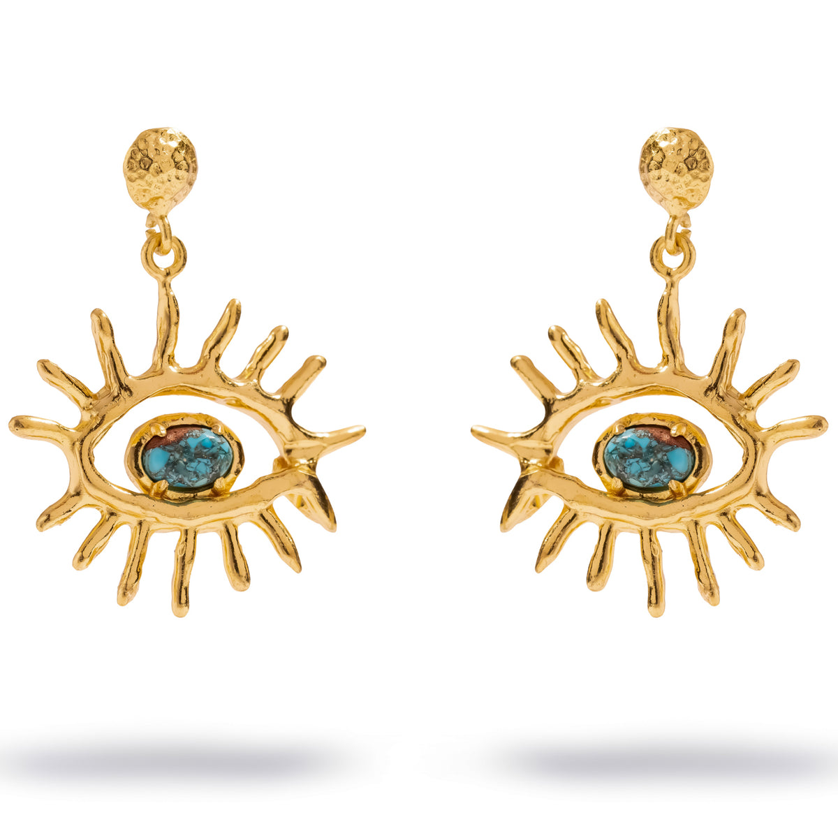 Kept Safe Evil Eye Turquoise Gold Drop Earrings, a turquoise cabochon set as the eye inside a crown of radiating gold lashes