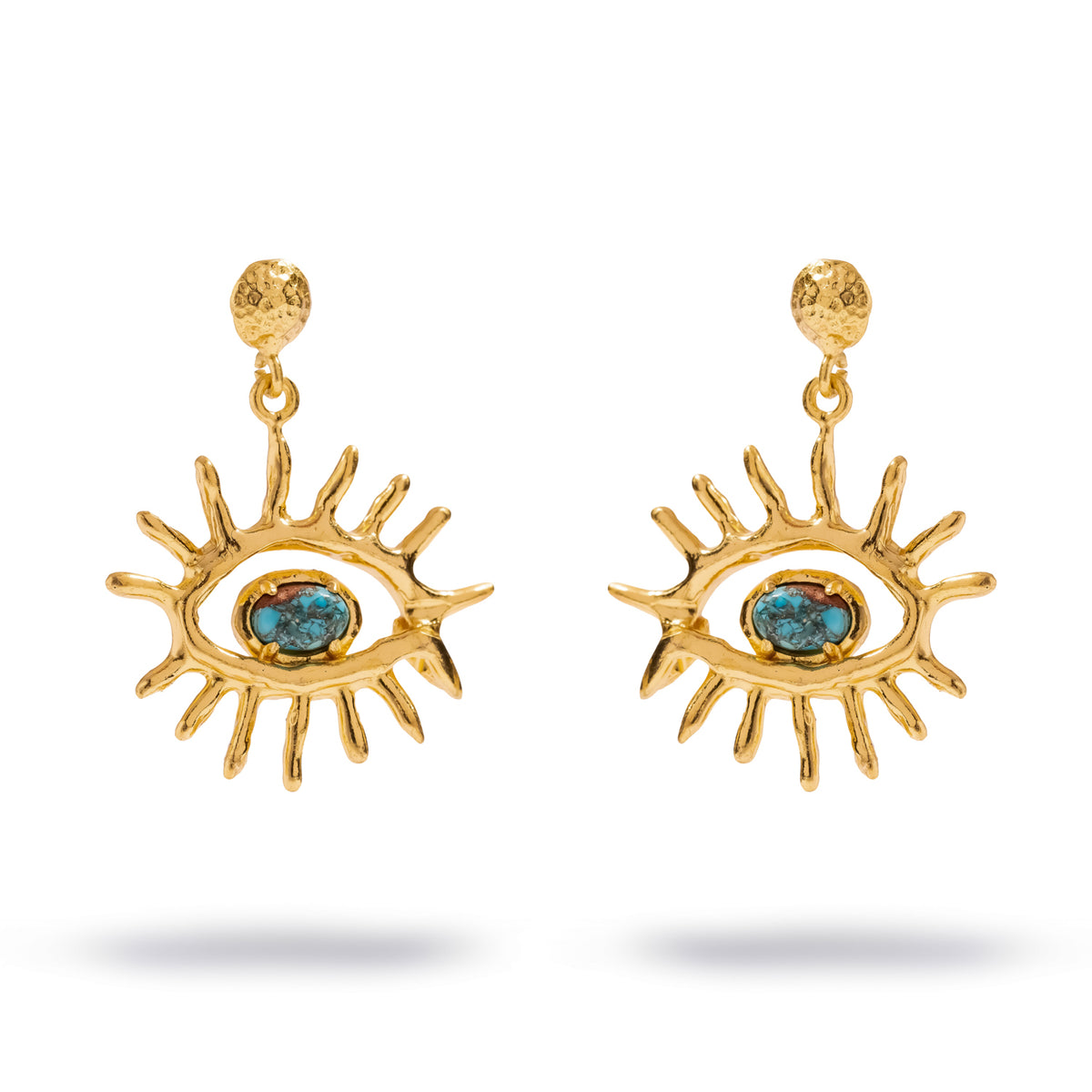 Pair of Kept Safe Evil Eye Turquoise Gold Drop Earrings shown front on, each eye 1 inch across