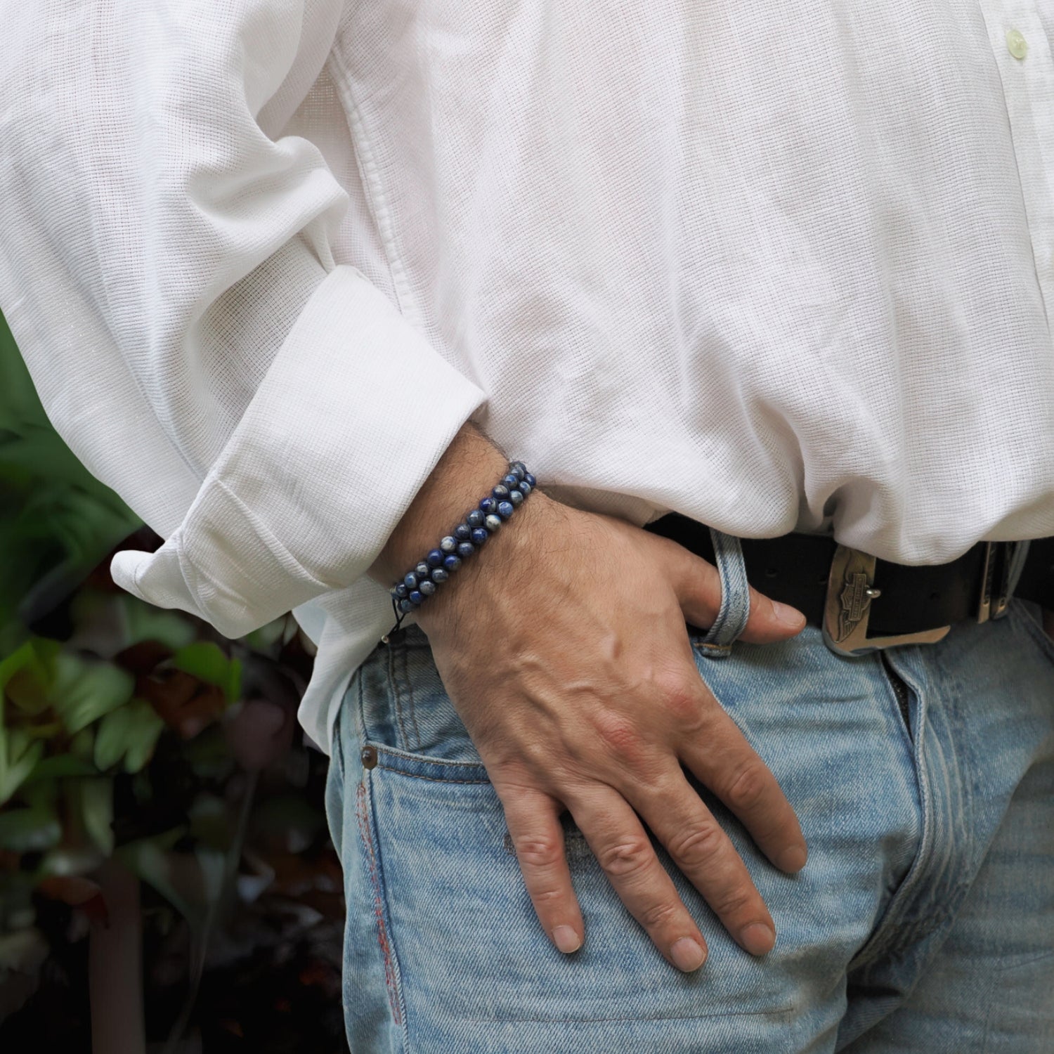 Lapis Lazuli Stone Two Row Beaded Woven Striking Bracelet