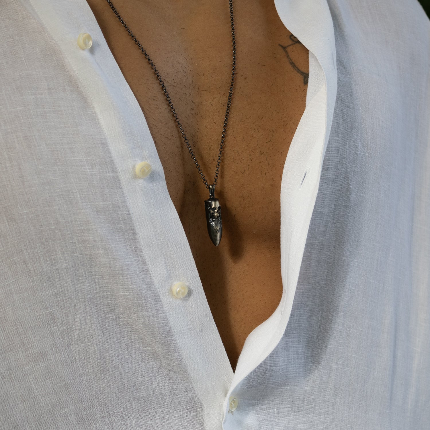  Handcrafted 925 sterling silver necklace with dark rhodium finish, skull and fang pendant, 26-inch chain, bold masculine style.