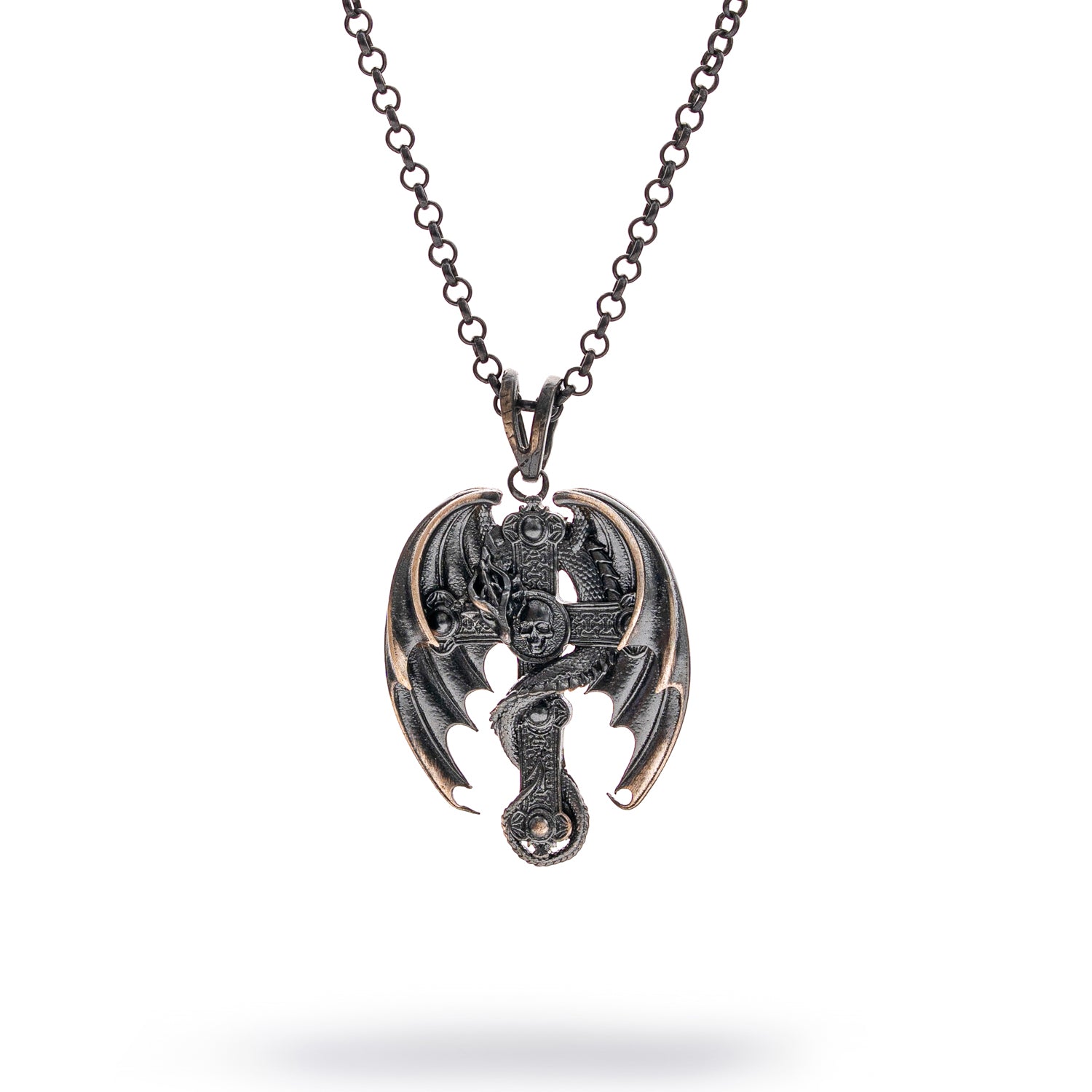 Sterling silver necklace featuring a dragon wrapped around a cross pendant, rhodium finish, textured scales and wings, strong chain, bold style.