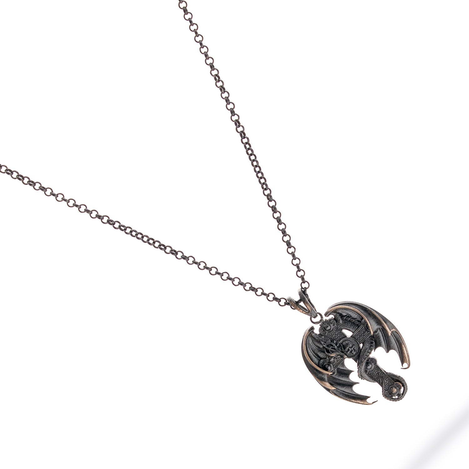 Sterling silver necklace with dragon wrapped around cross pendant, rhodium-plated finish, textured scales, strong chain, bold masculine style.