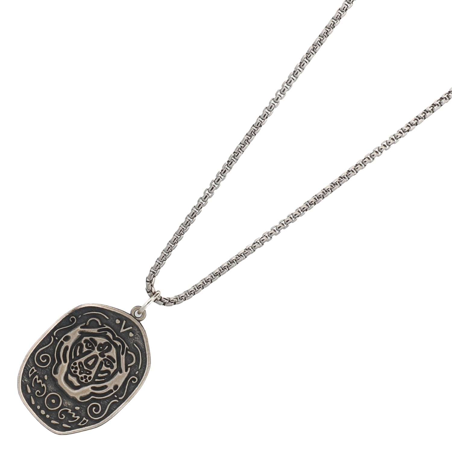 Silver necklace with a detailed pendant on a white background