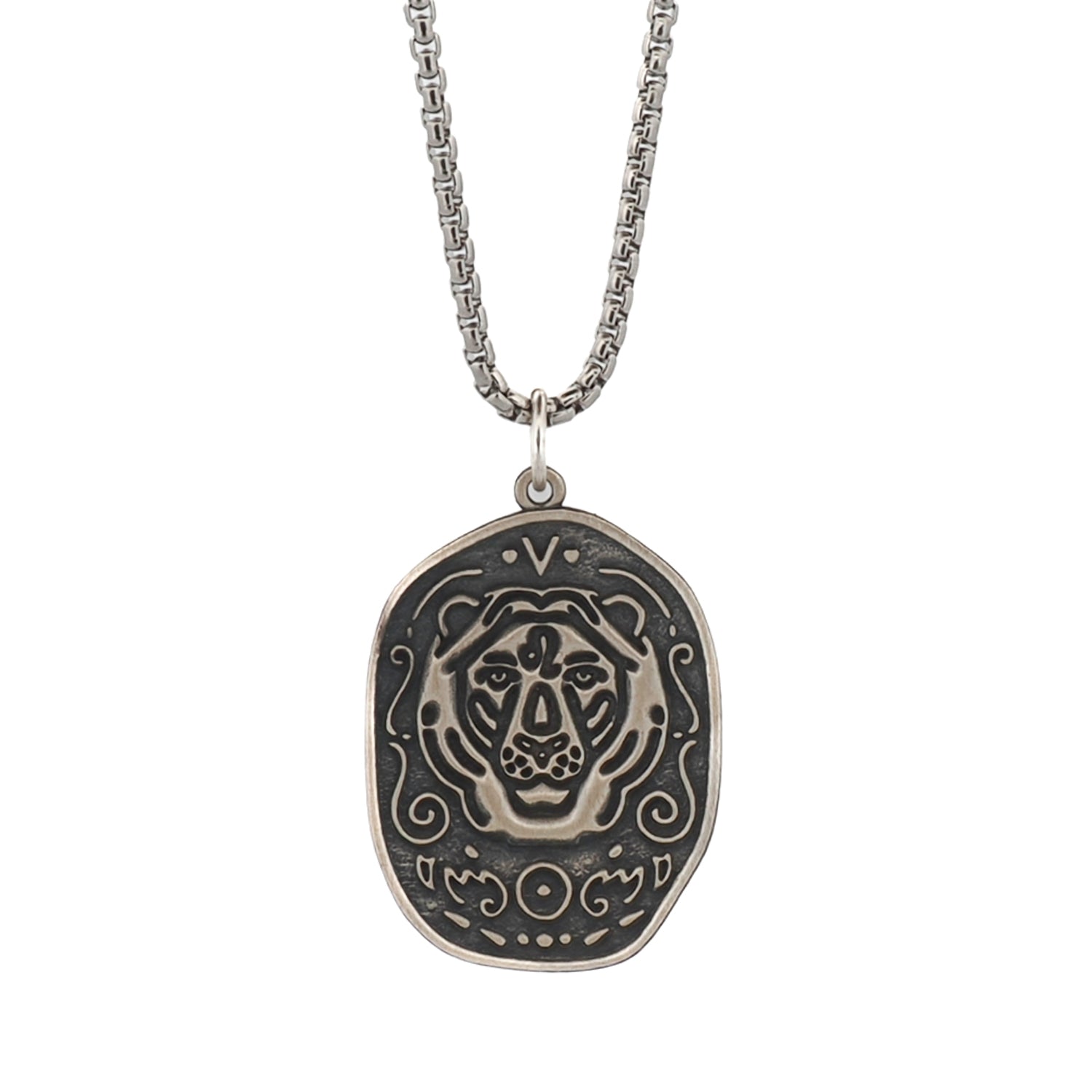 Leo King Sterling Silver Men Necklace with ornate 925 sterling silver Leo lion pendant on 22-inch chain — front view showing celestial symbols