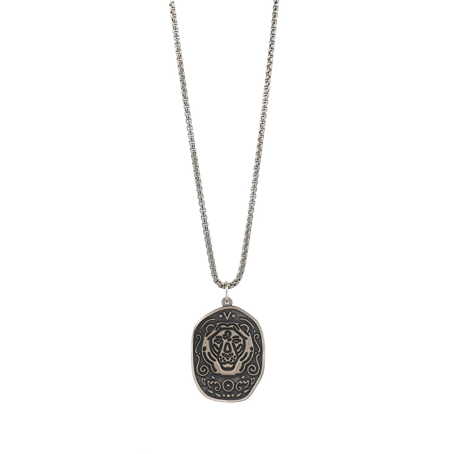 Sterling Silver Leo Pendant showing intricate lion face with ancient spirals and celestial designs — 1.1" height detail
