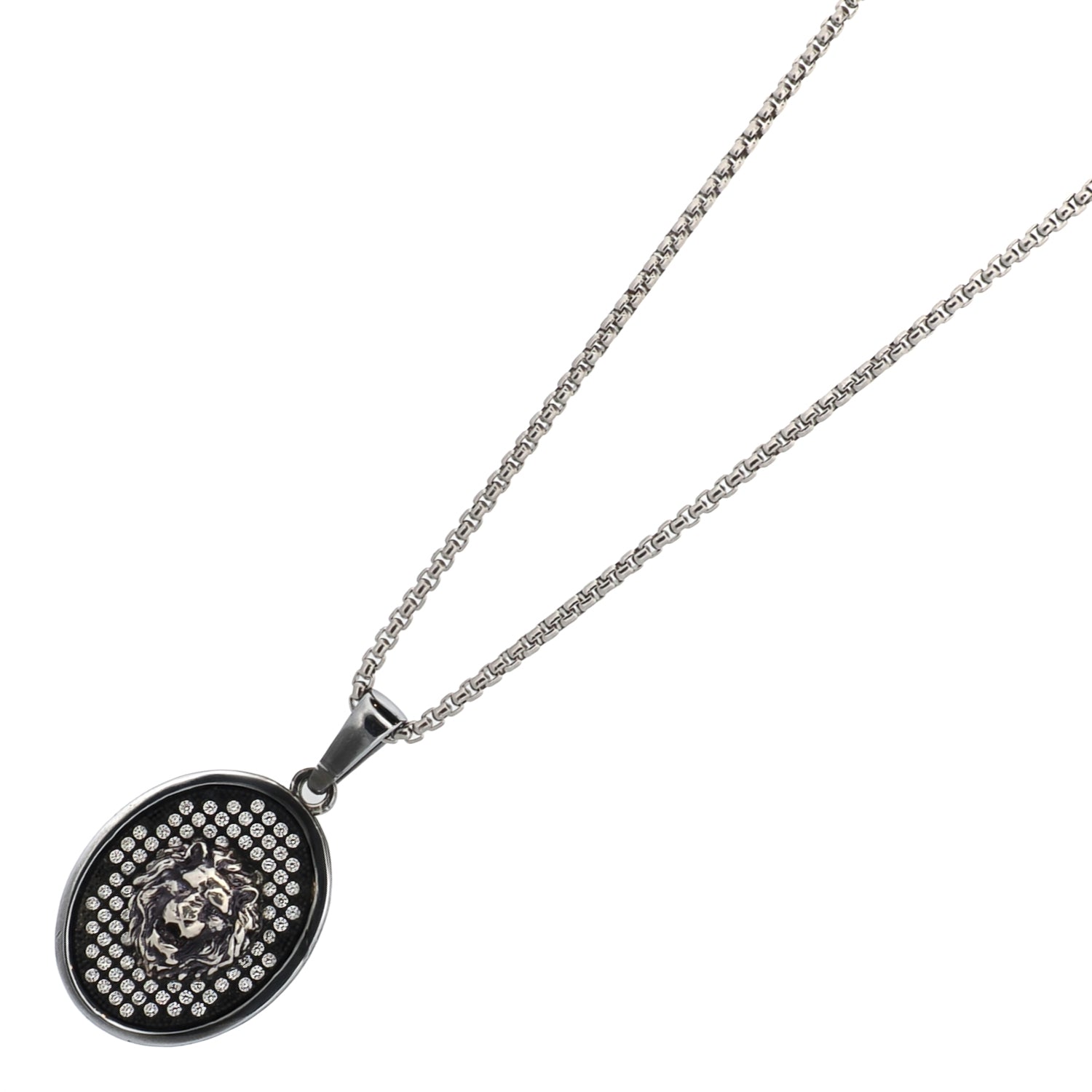 Lion Head Pave Diamond Sterling Silver Chain Necklace