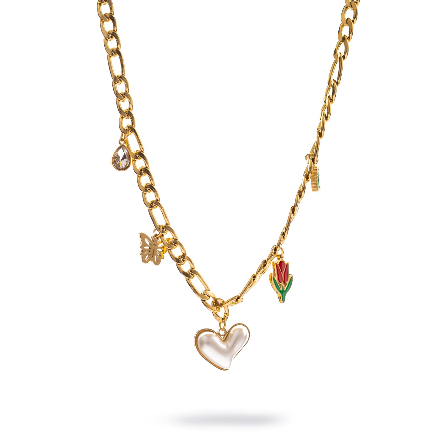 Gold charm necklace with enamel heart, tulip, butterfly, and crystal, symbolizing joy, beauty, and transformation